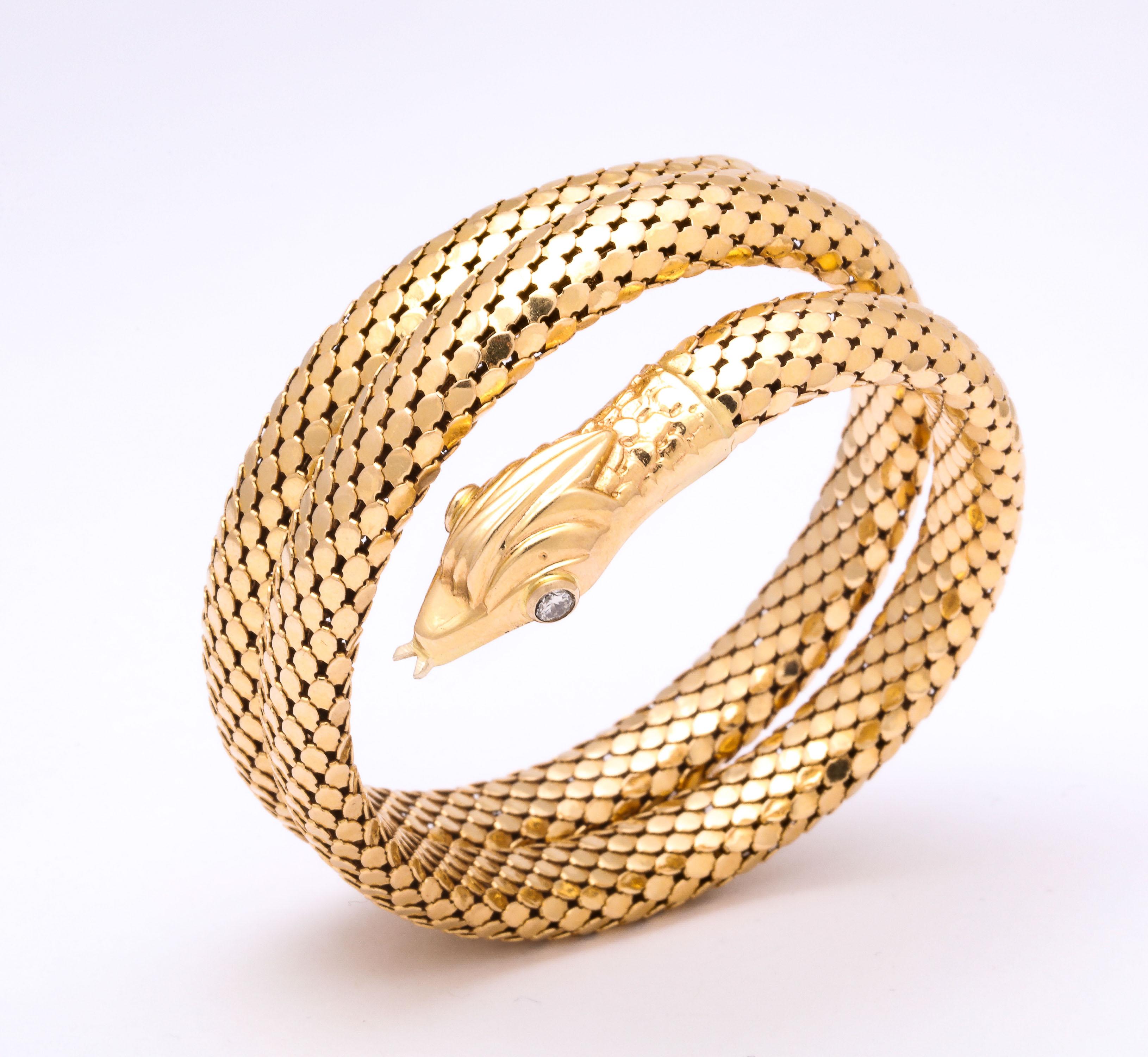 1960s Figural Snake Skin Triple Wrapped Gold Bracelet With Diamond Eyes 3