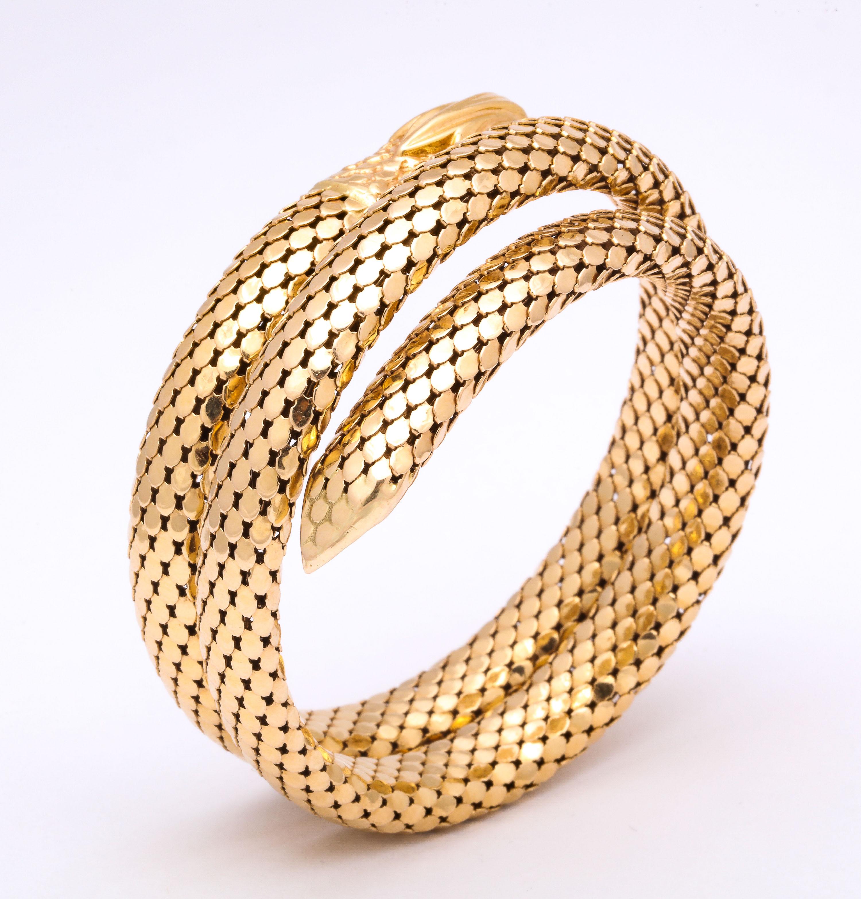 1960s Figural Snake Skin Triple Wrapped Gold Bracelet With Diamond Eyes 4