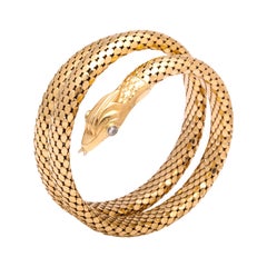 1960s Figural Snake Skin Triple Wrapped Gold Bracelet With Diamond Eyes