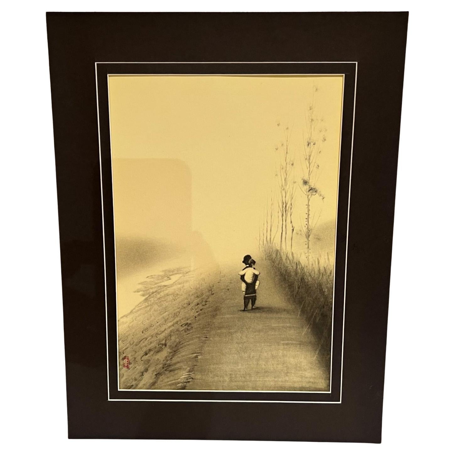 1960s Fine Chinese Art Child Being Carried on Man's Back Scenic Road Travel For Sale