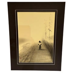 Vintage 1960s Fine Chinese Art Child Being Carried on Man's Back Scenic Road Travel