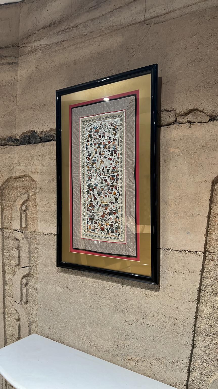 1960s Fine Chinese Silk Art Embroidered Tapestry Framed Panel Village Folk For Sale 7