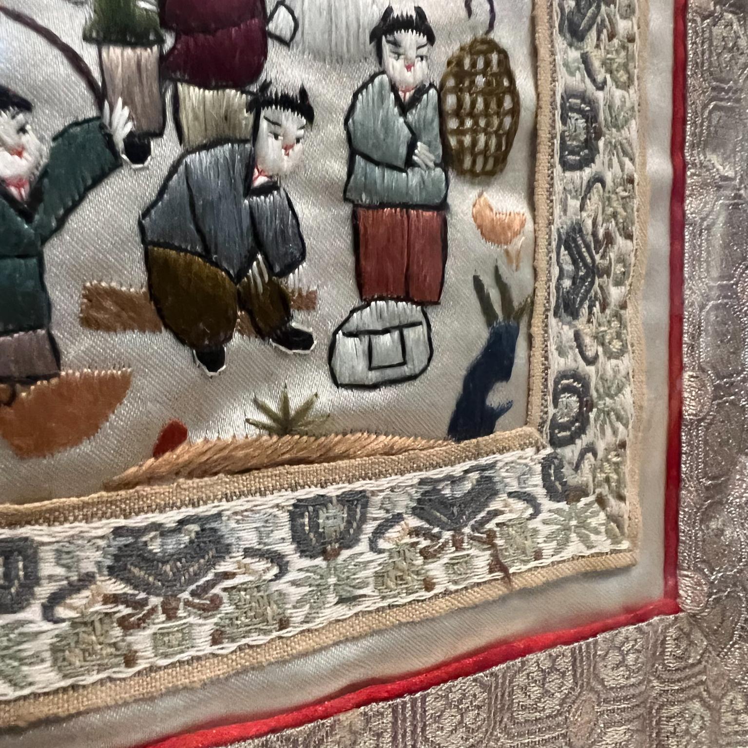 1960s Fine Chinese Silk Art Embroidered Tapestry Framed Panel Village Folk For Sale 3