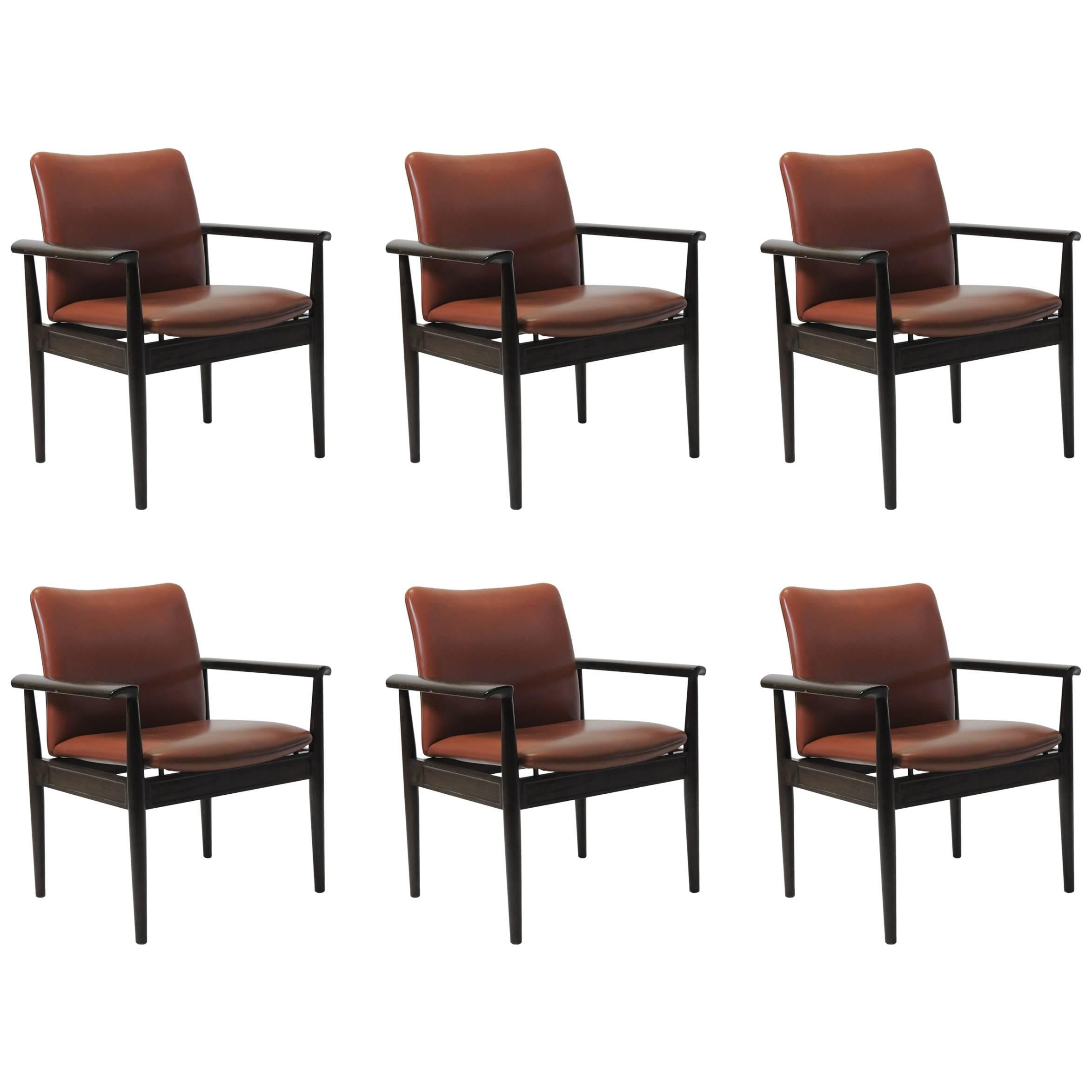1960s Finn Juhl Six Model 209 Diplomat Chairs in Mahogany and Leather, Cado
