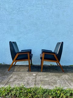 1960 Finn Julh Danish Walnut Leather Sculptural Chairs, Set of 2