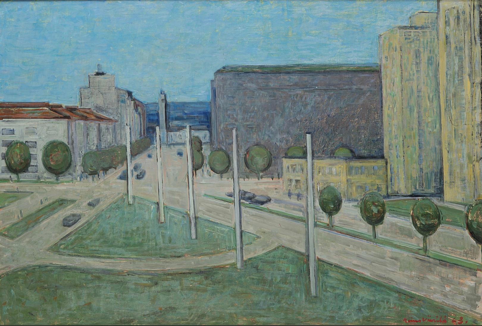 An imposing 1960s landscape view of the city of Tampere, Finland known as the sauna capital of the world.  The painting shows tree lined streets leading out to the sea which is in the distant background. Painted, in gentle tones of greens and blues