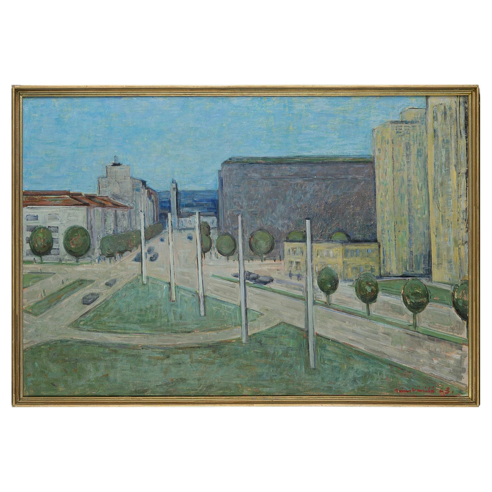 Peinture finlandaise à l'huile sur toile des années 1960 Vue de Tampere Finlande - Reino Viirilä 