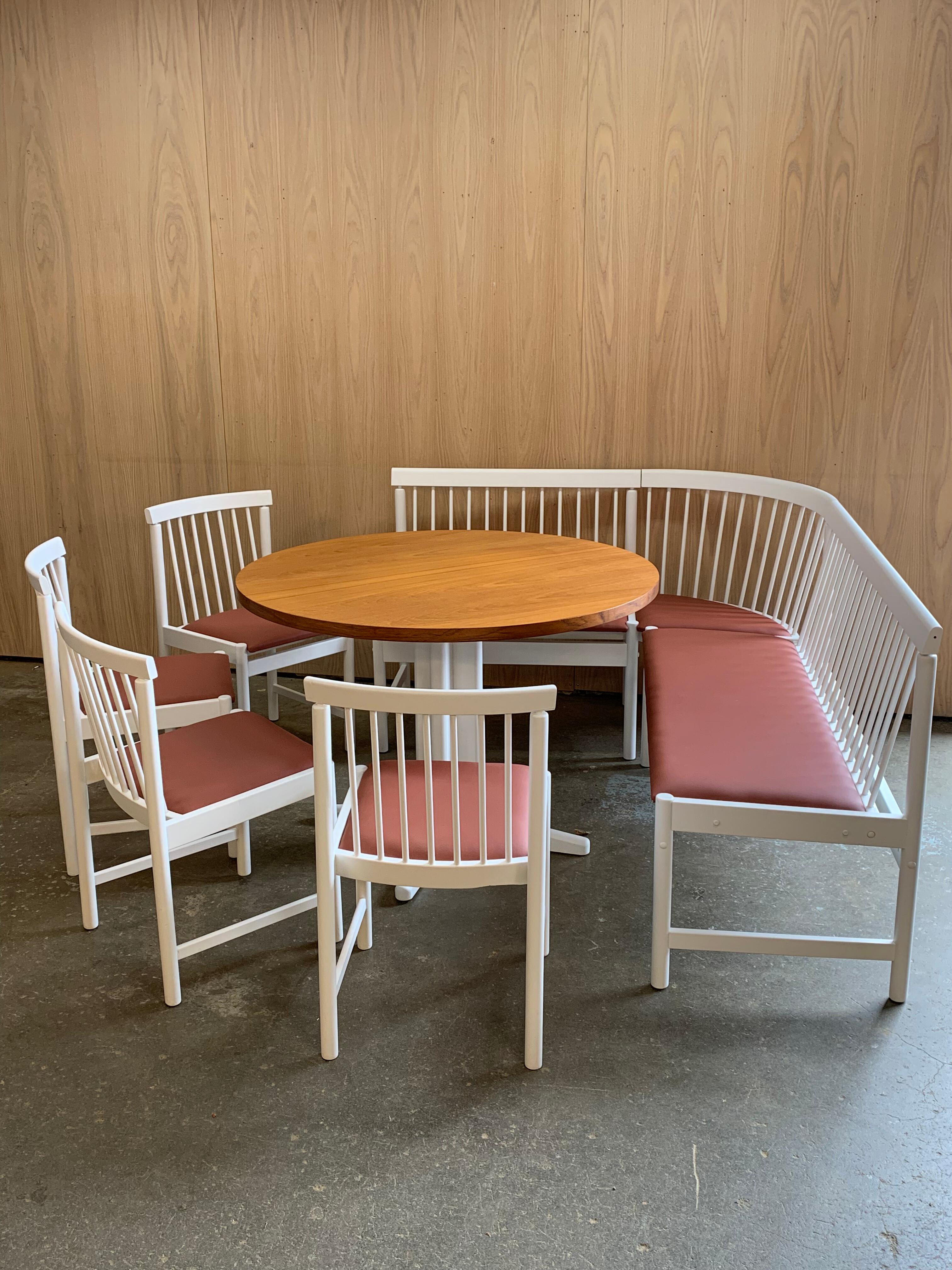 A rare and beautifully versatile dining set by Finnish maker Stika Lahti, dating to the 1960s. This charming suite includes a pair of spindle-back corner benches that form a cozy and intimate dining nook, complemented by four matching side chairs
