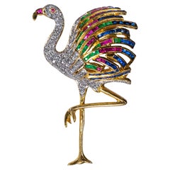 1960s Flamingo Multi Gem Set 18kt Yellow Gold Brooch