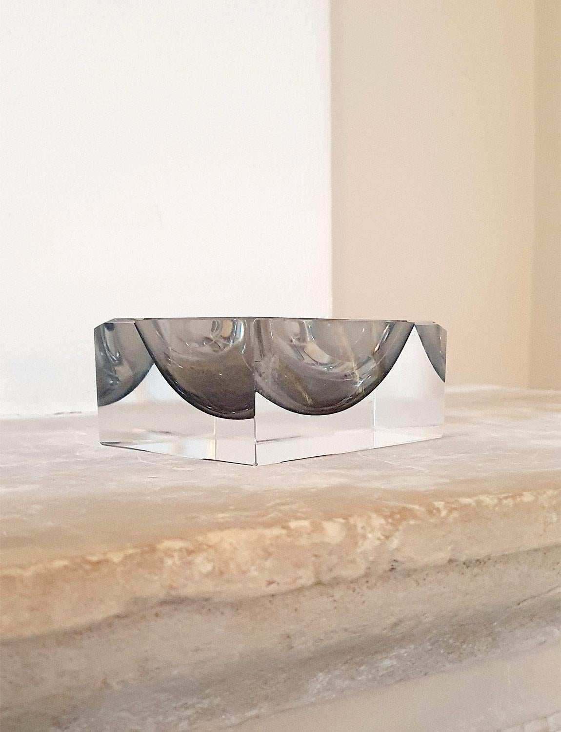 Mid-Century Modern 1960s Flavio Poli Clear and Grey Glass Rectangular Bowl / Ashtray