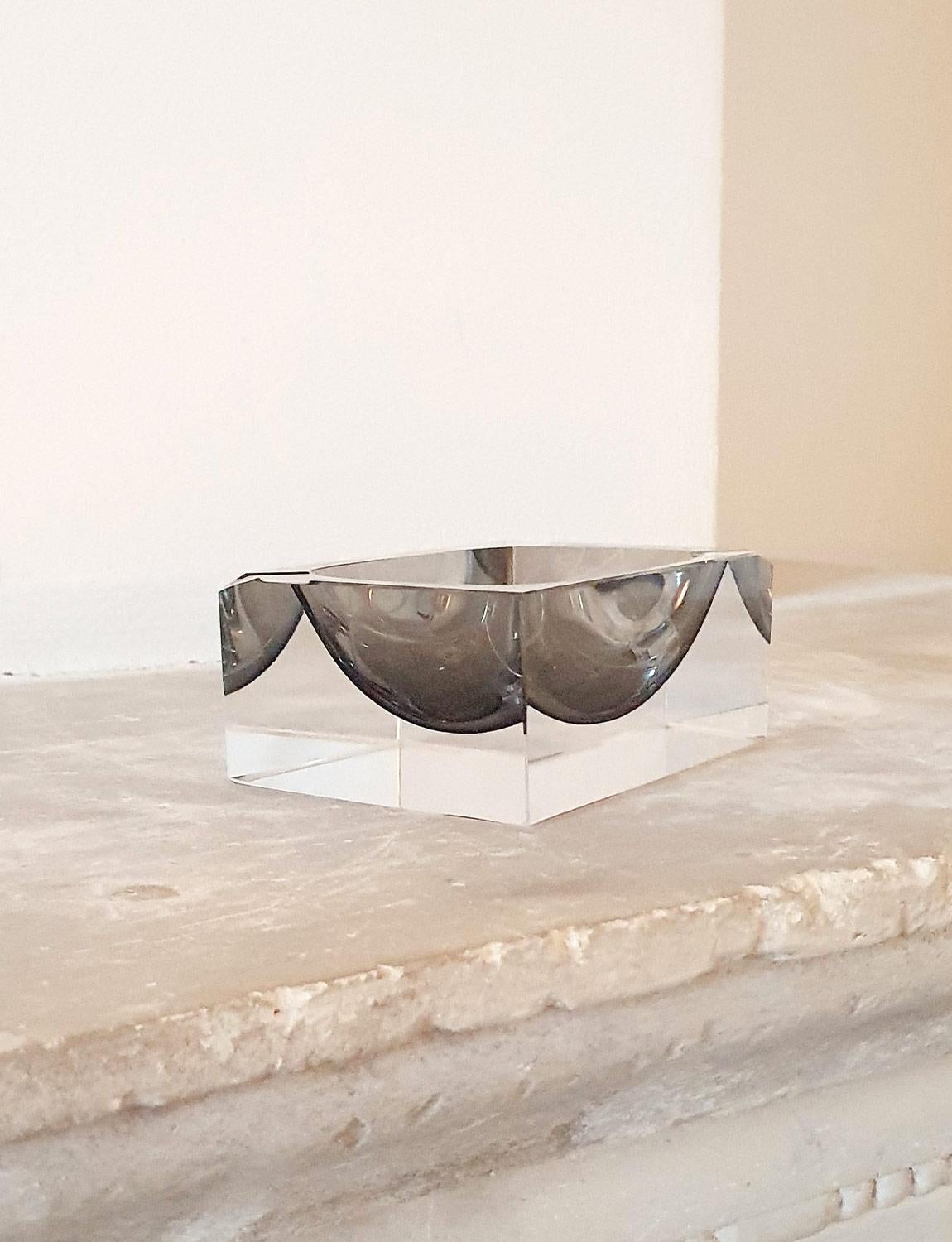 Italian 1960s Flavio Poli Clear and Grey Glass Rectangular Bowl / Ashtray