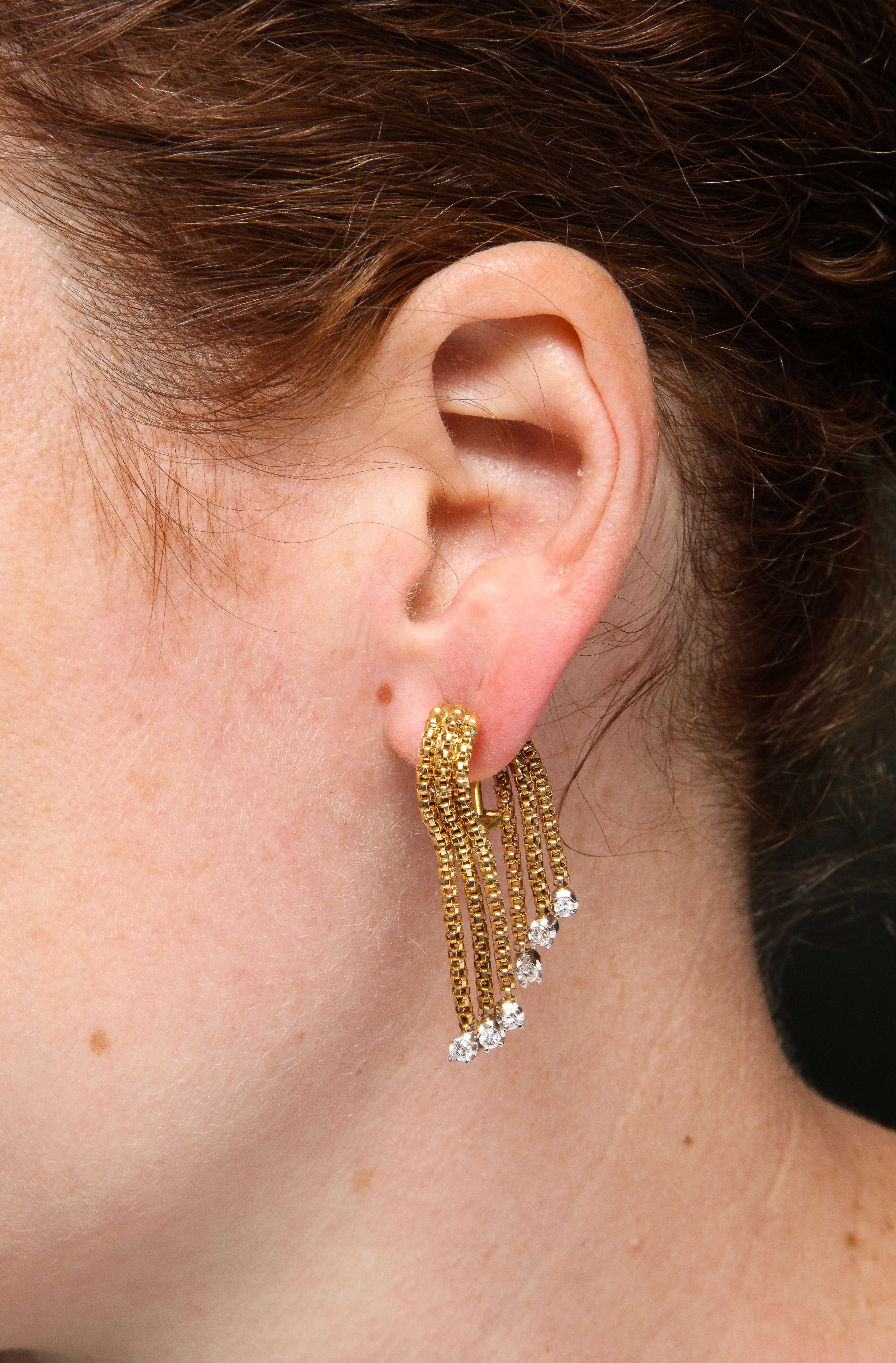 1960's Flexible and Moveable Gold and Diamond Tassel Fringe Style Earclips 7