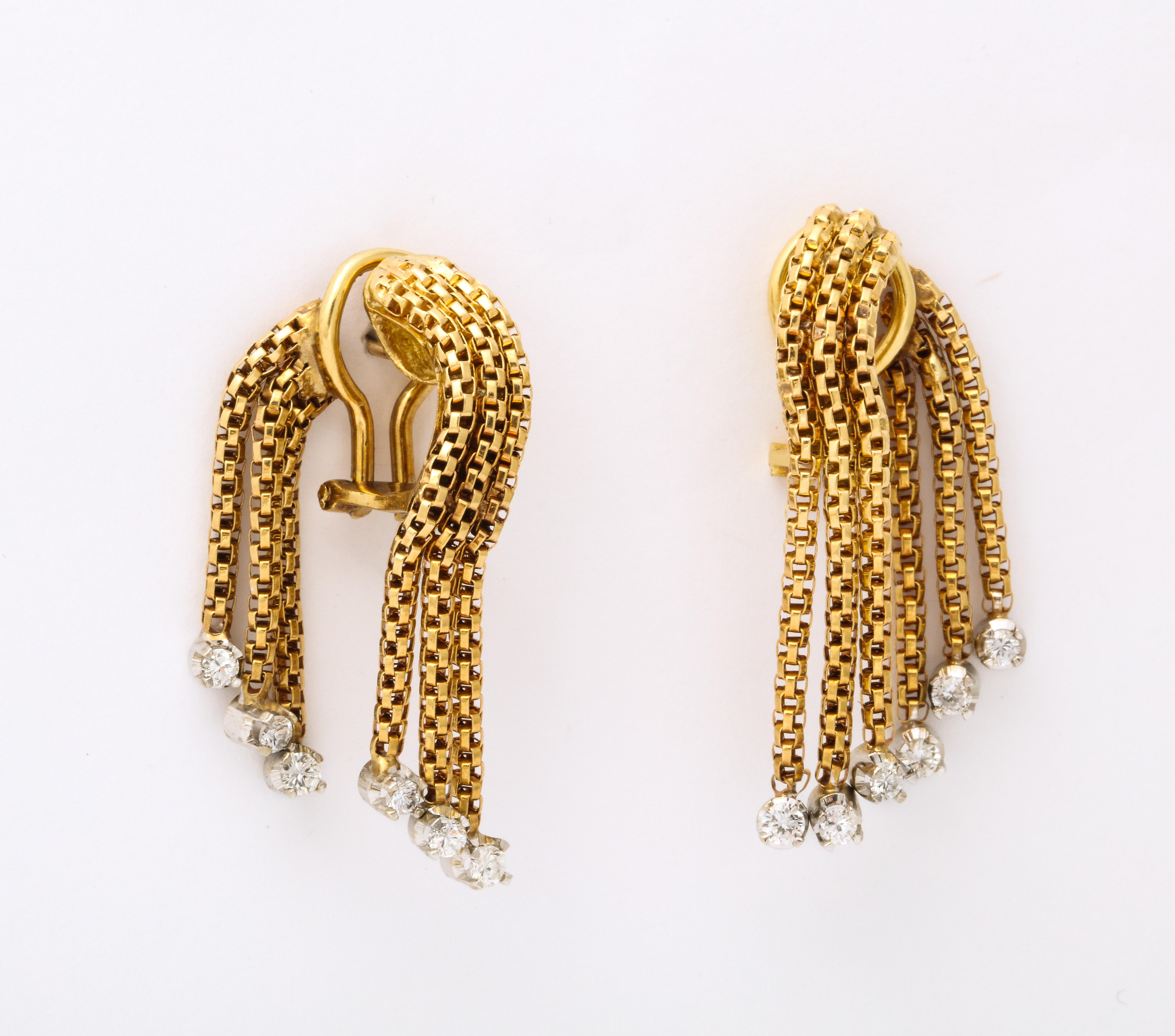 One Pair Of Ladies 18kt Yellow Gold Chain Link Design Flexible Earrings Set With Twelve Prong Set Diamonds Hanging From All Fringes. Crafted In The 1960's In Italy.