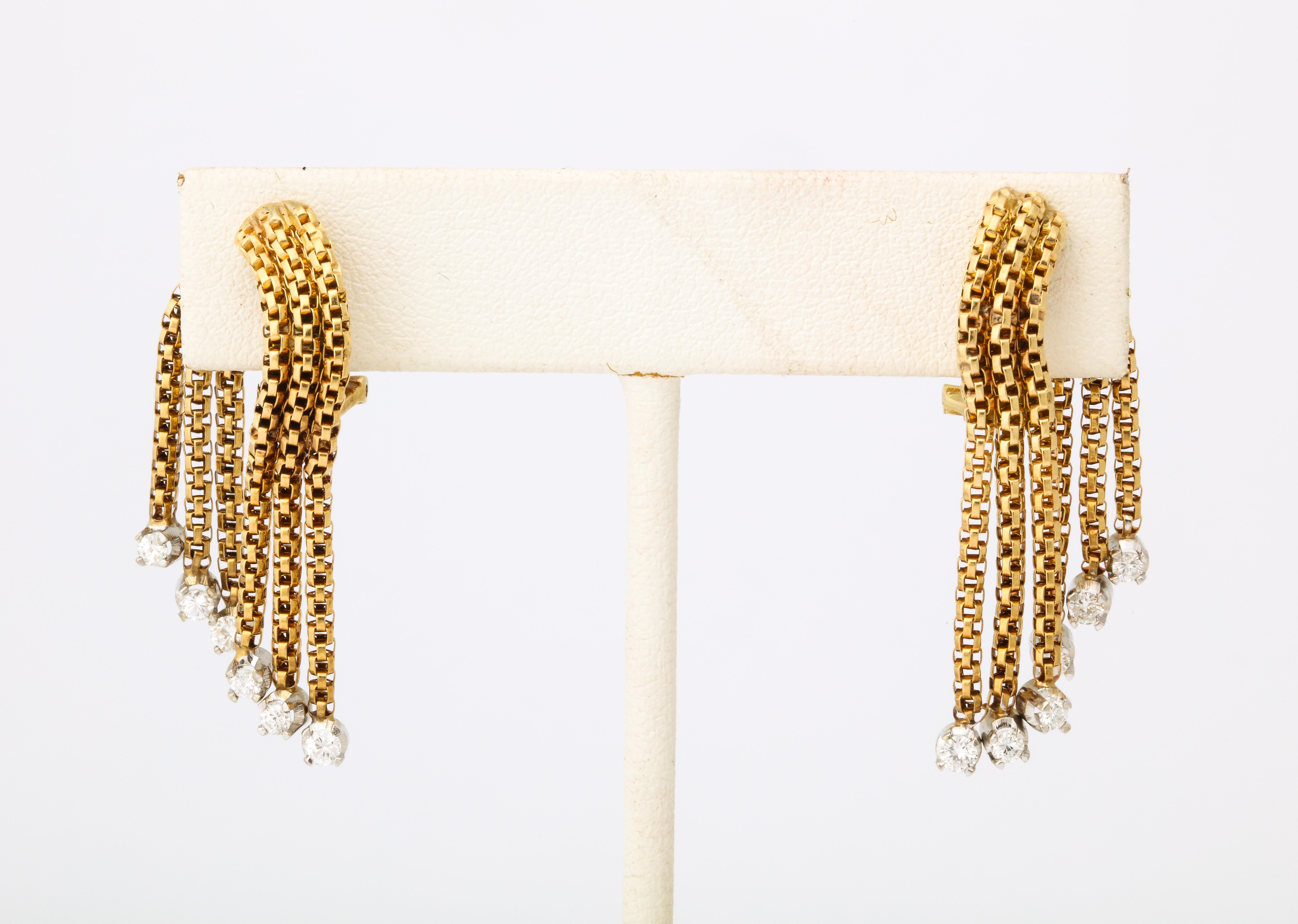 Women's 1960's Flexible and Moveable Gold and Diamond Tassel Fringe Style Earclips