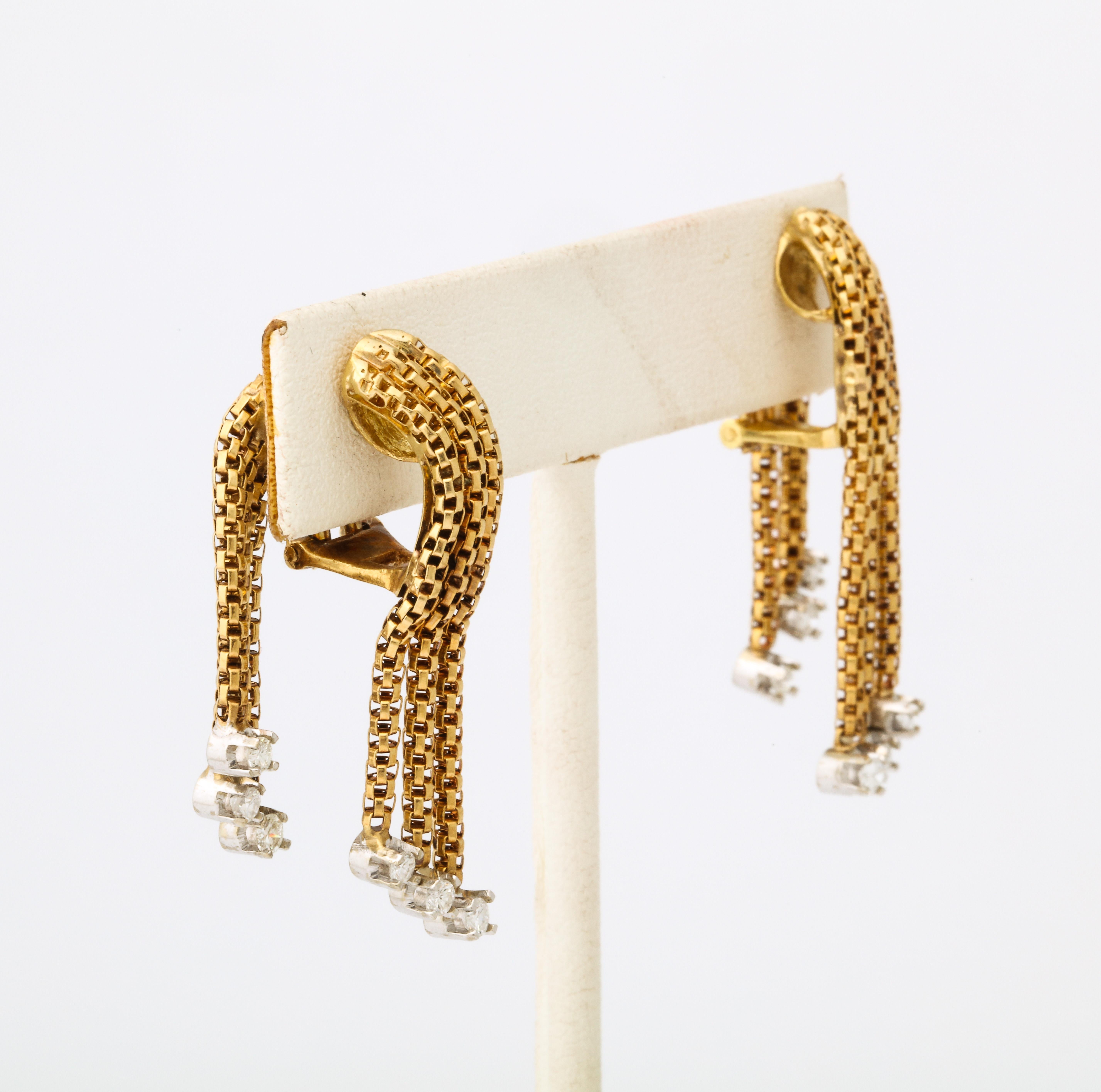 1960's Flexible and Moveable Gold and Diamond Tassel Fringe Style Earclips 2