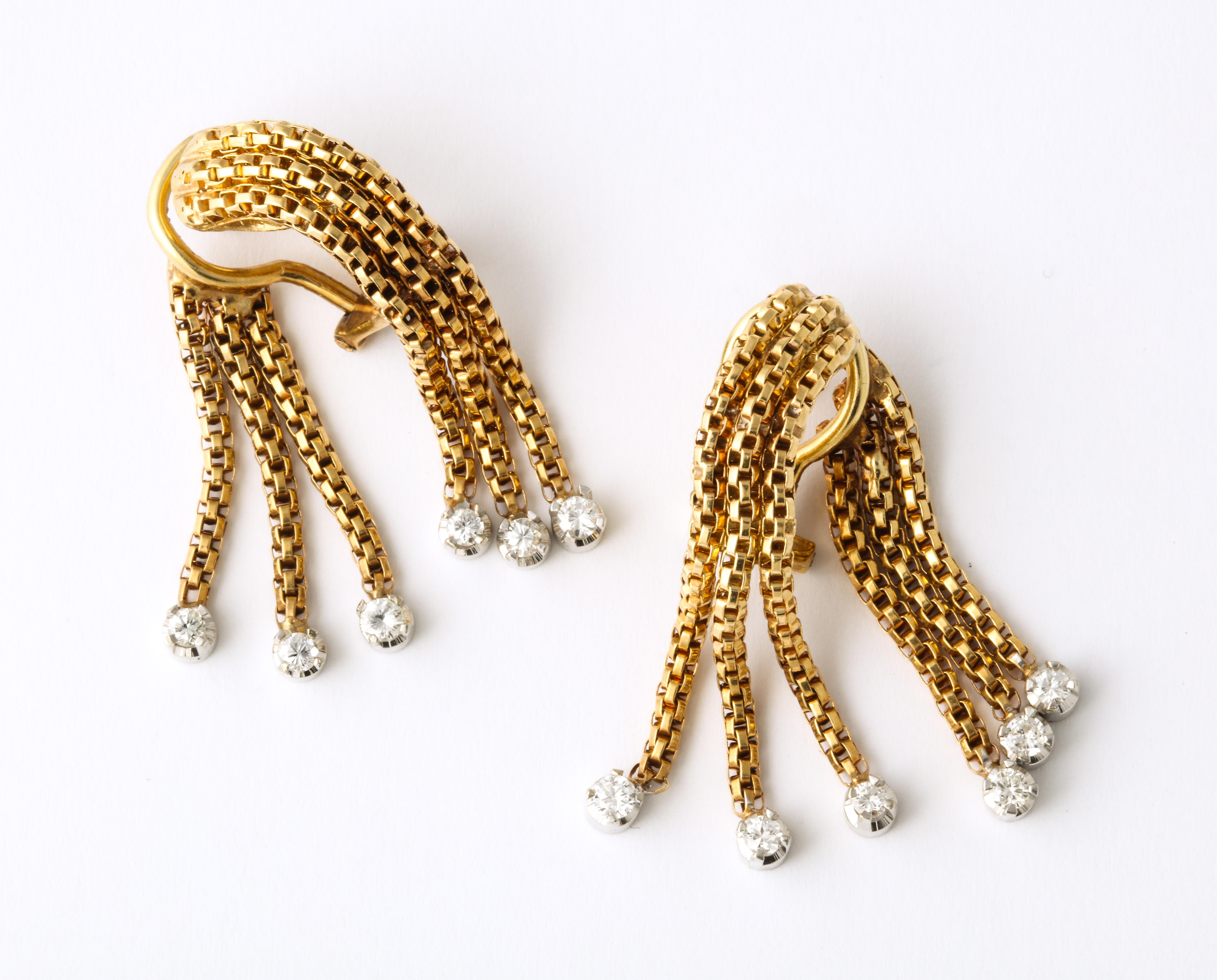 1960's Flexible and Moveable Gold and Diamond Tassel Fringe Style Earclips 3