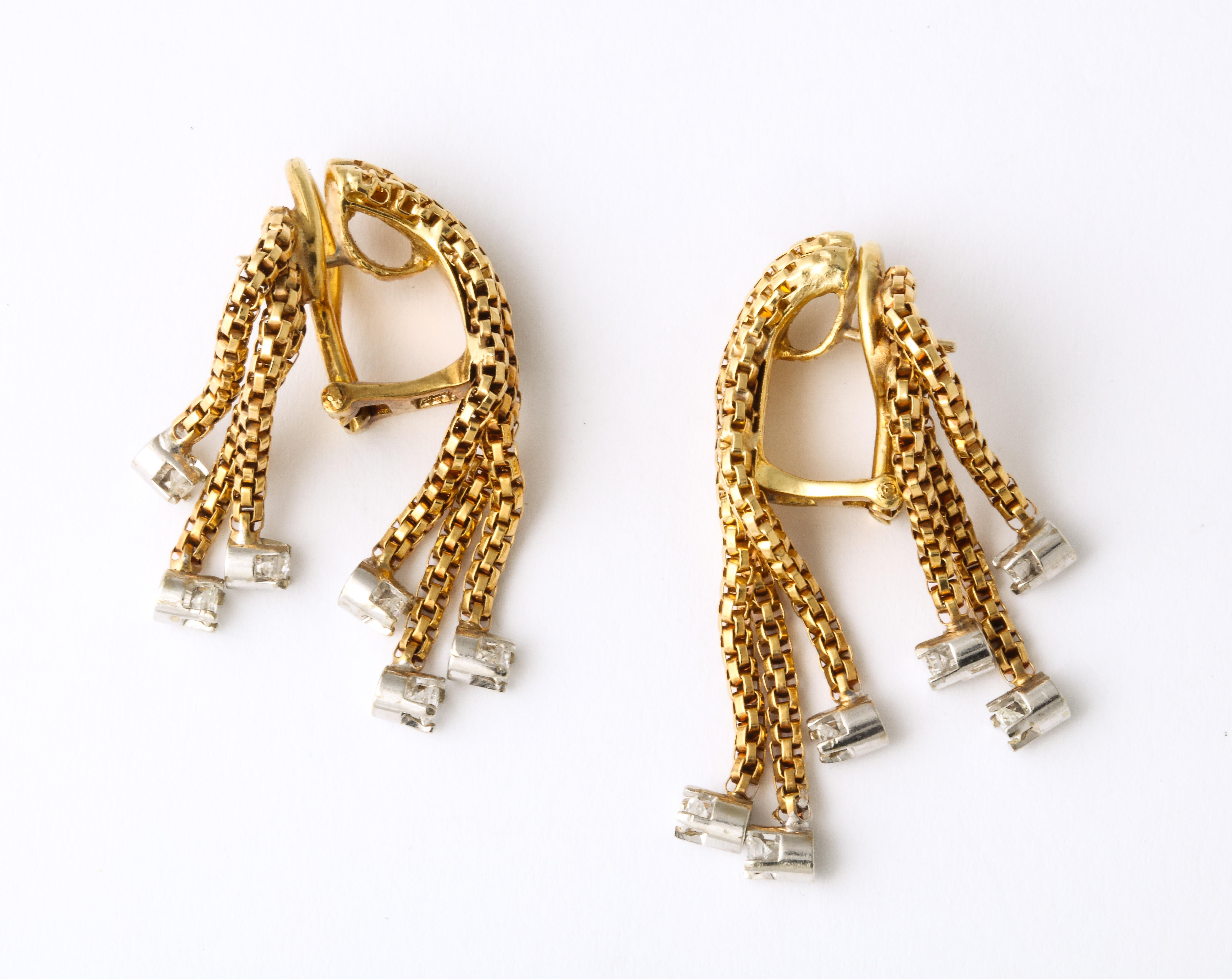 1960's Flexible and Moveable Gold and Diamond Tassel Fringe Style Earclips 4