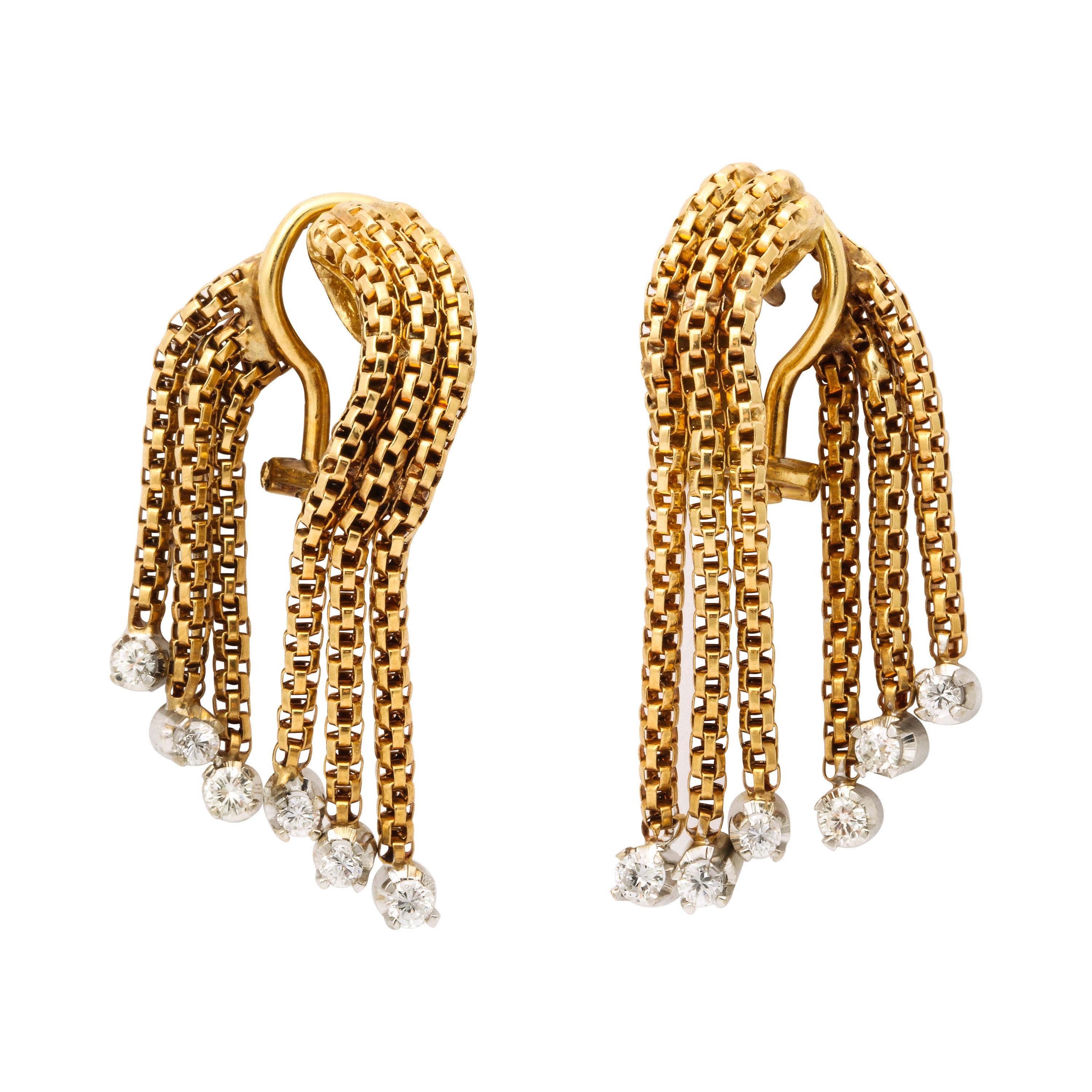 1960's Flexible and Moveable Gold and Diamond Tassel Fringe Style Earclips