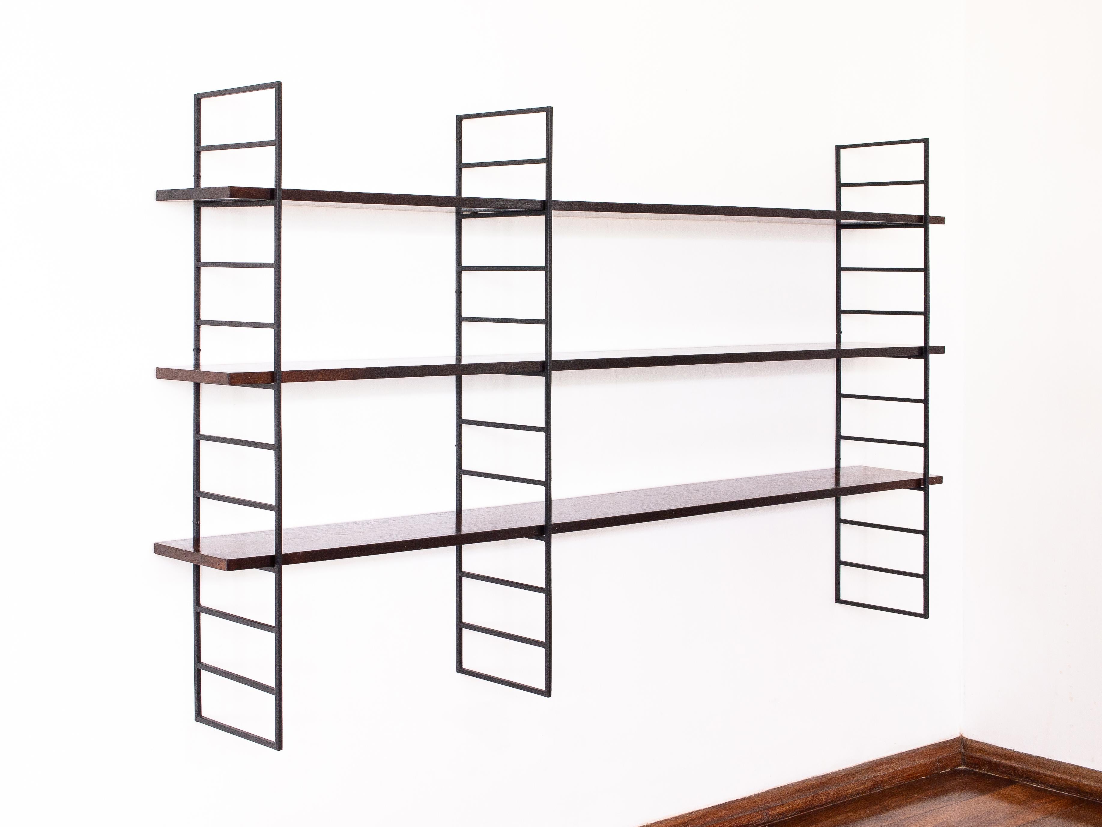 Mid-Century Modern 1960s Floating Shelving Unit in Rosewood and Wrought Iron, Brazilian Modernism