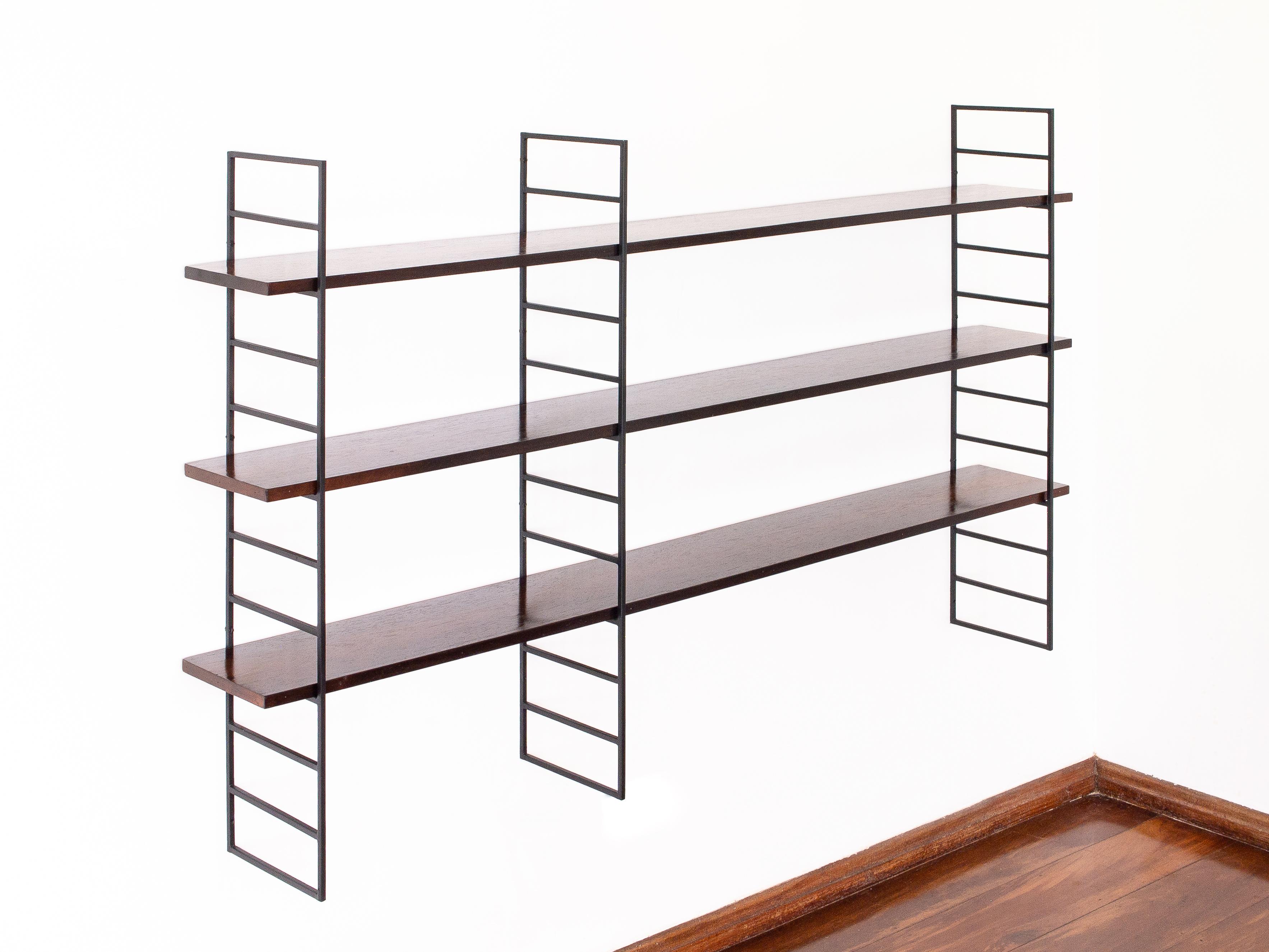 Veneer 1960s Floating Shelving Unit in Rosewood and Wrought Iron, Brazilian Modernism