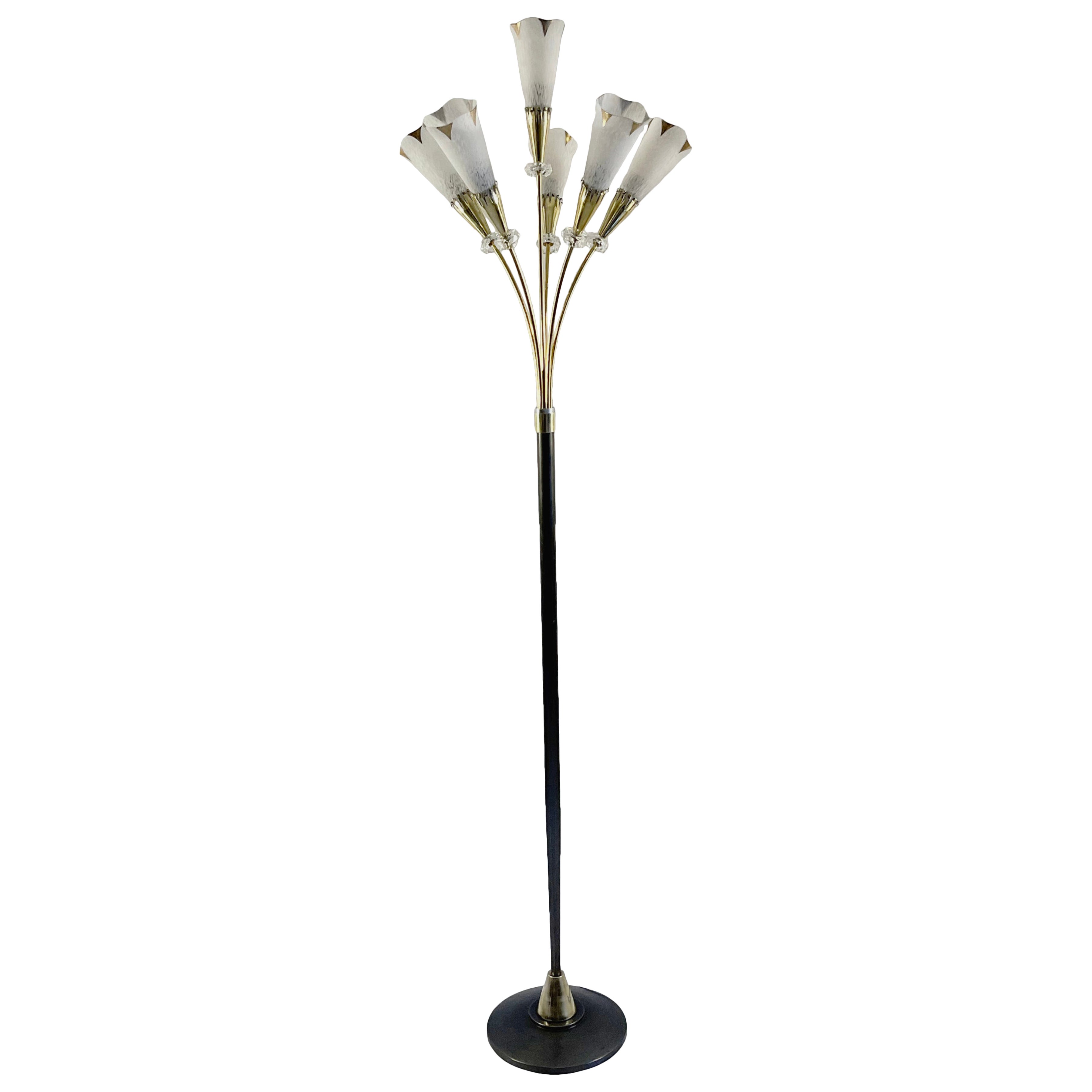 Lampadaire des années 1960 Attribué à Genet et Michon avec six branches d'éclairage en laiton. en vente