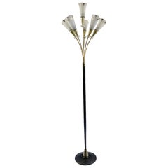 Lampadaire des années 1960 Attribué à Genet et Michon avec six branches d'éclairage en laiton.