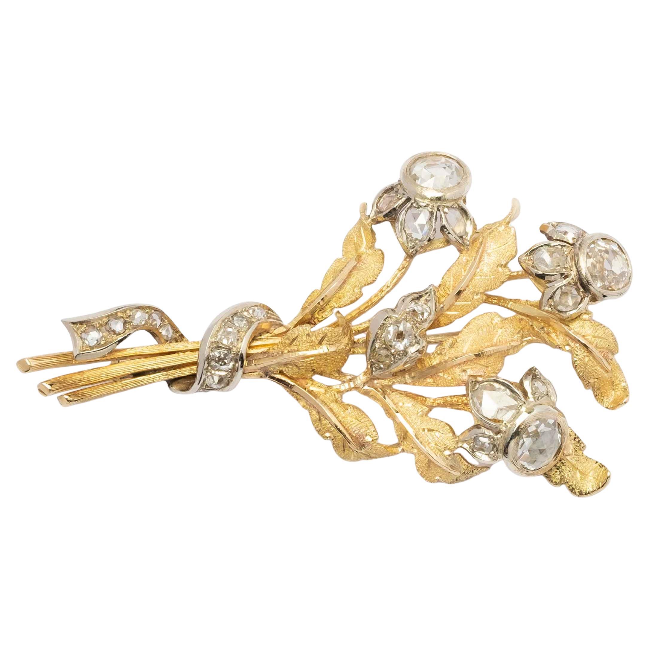1960er Jahre Blumenstrauß-Brosche aus 18 Karat Gold mit Diamanten im Rosen- und Altschliff