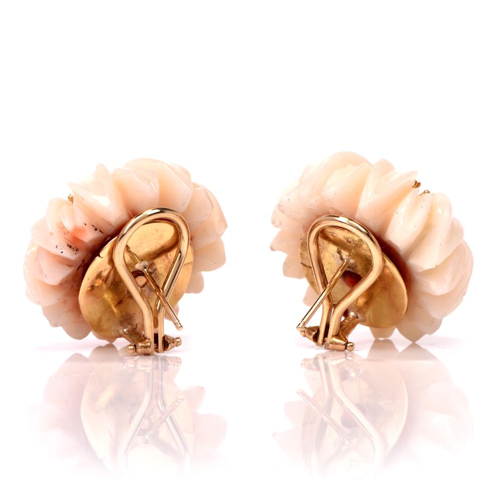 Women's 1960s Floral Coral Diamond 14 Karat Gold Clip-Back Earrings