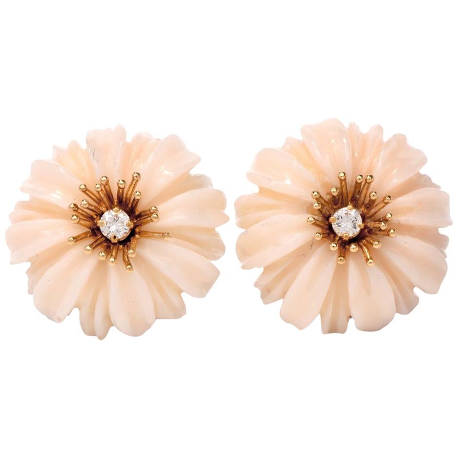 1960s Floral Coral Diamond 14 Karat Gold Clip-Back Earrings
