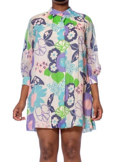 1960S Floral Cotton Lawn Mod Lounge Jacket Mini Dress