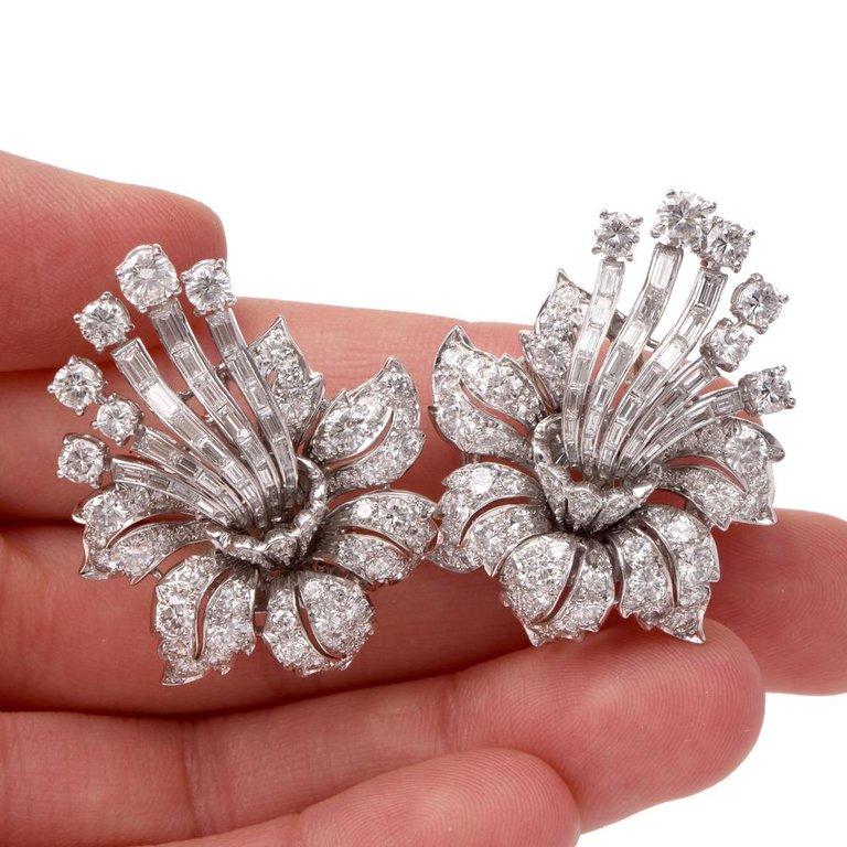 Art Deco 1960s Floral Diamond Cluster Day and Night Drop Earrings