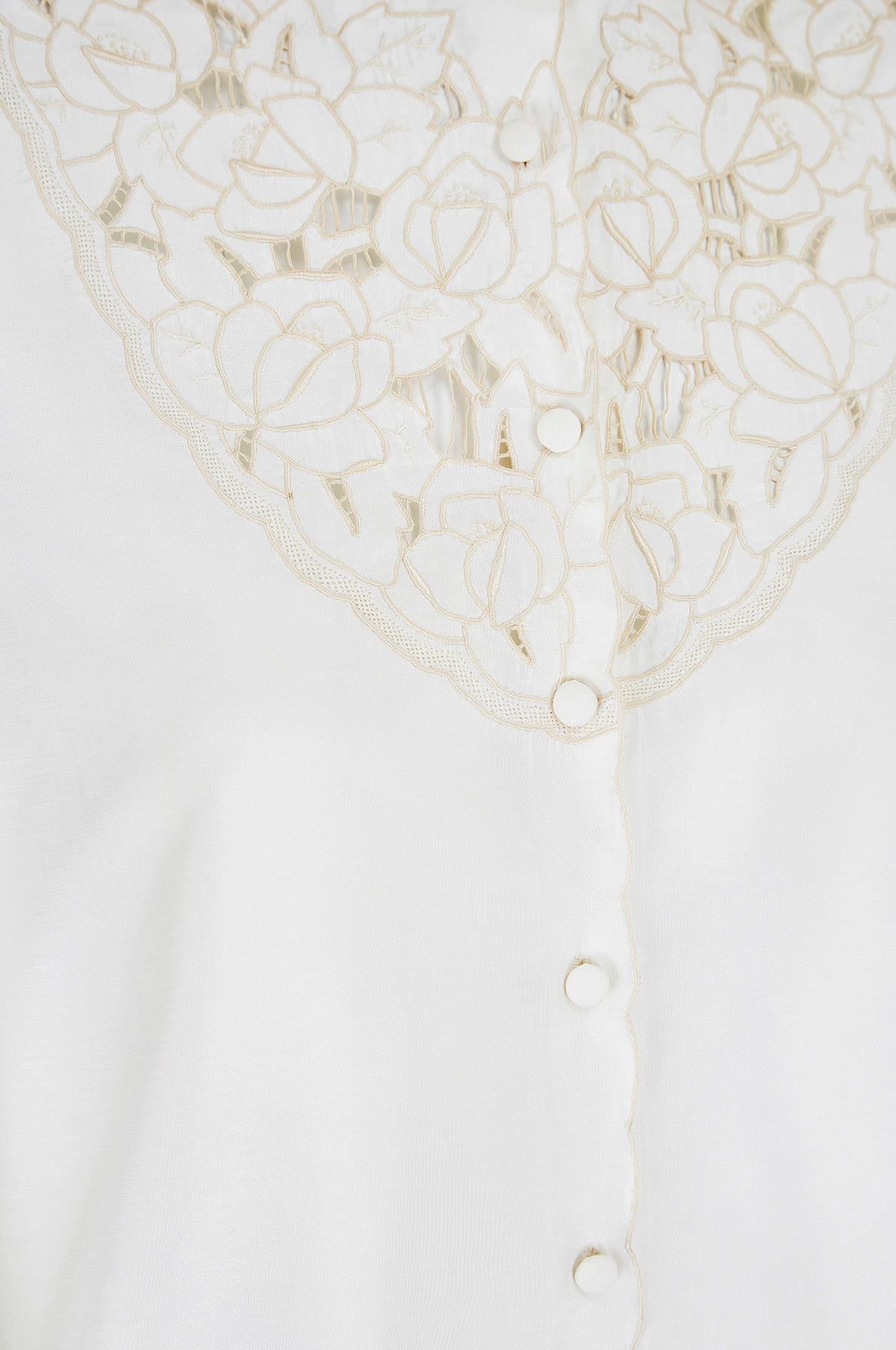 1960s Floral Embroidered Silk Blend Blouse For Sale 1