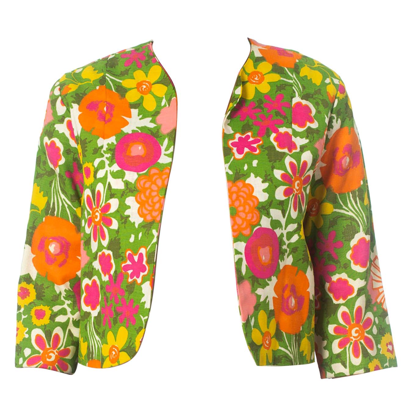 1960S Floral Multicolored Linen Summer Resort Cropped Jacket