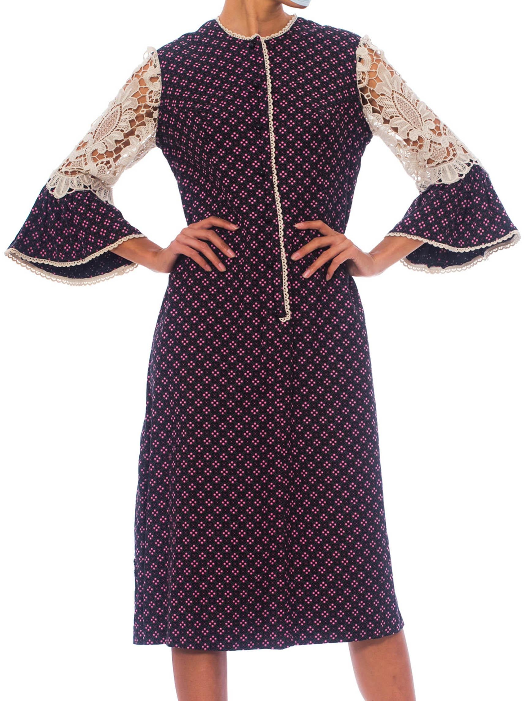 Women's 1960S Floral Printed Cotton Twill Victorian Revival Dress With White Lace Sleev For Sale