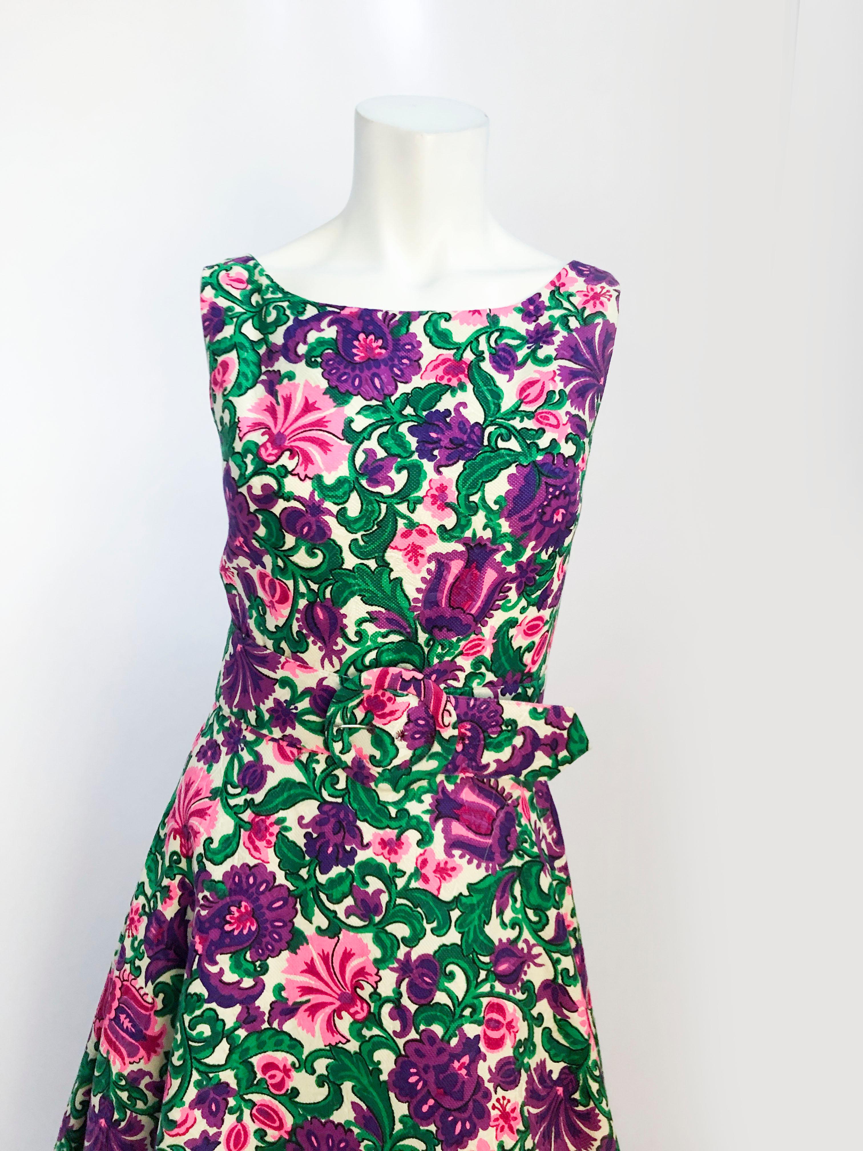 Black 1960s Floral Printed Dress on Jacquard with Matching Belt  For Sale