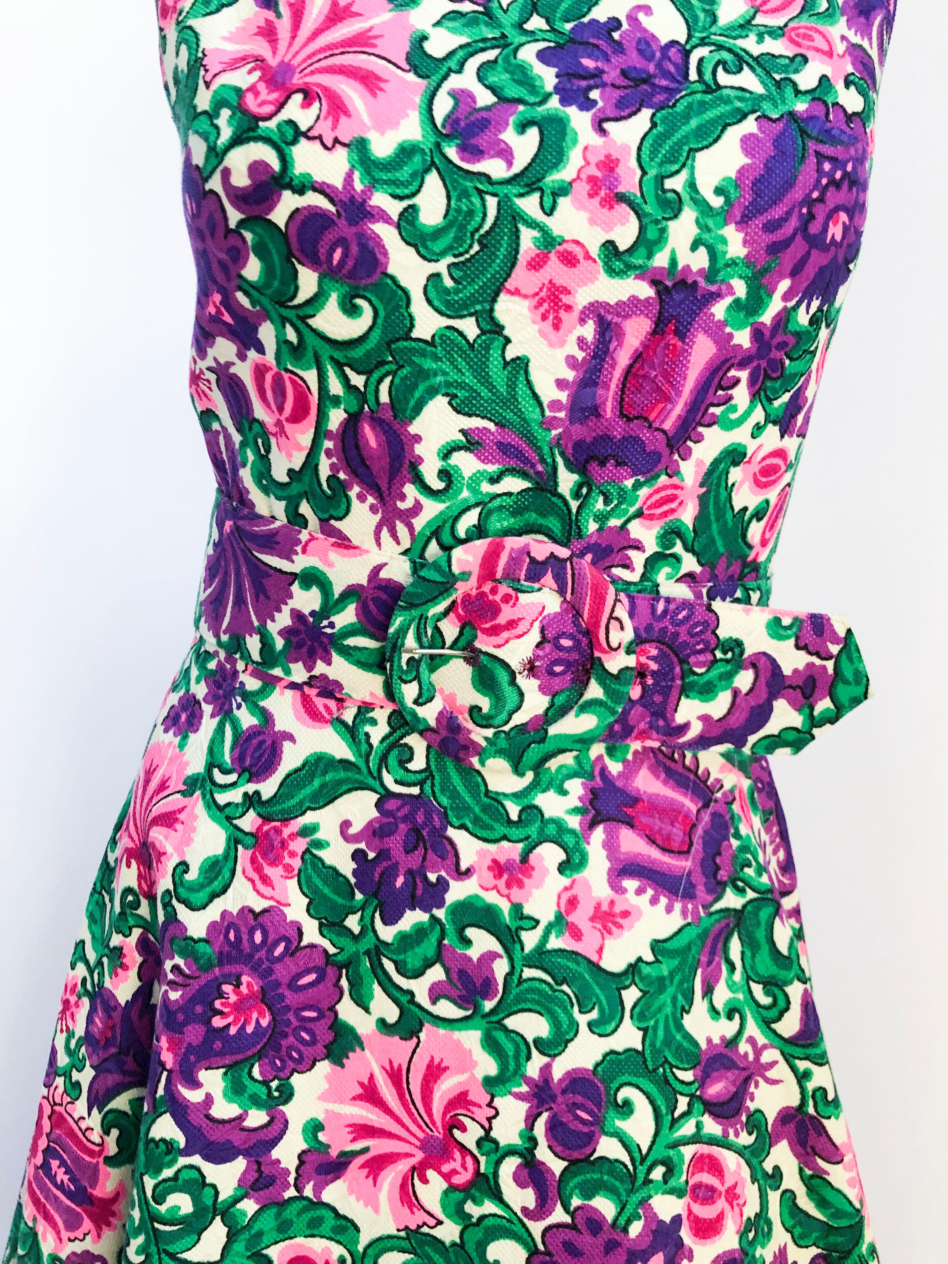 1960s Floral Printed Dress on Jacquard with Matching Belt  In Good Condition For Sale In San Francisco, CA