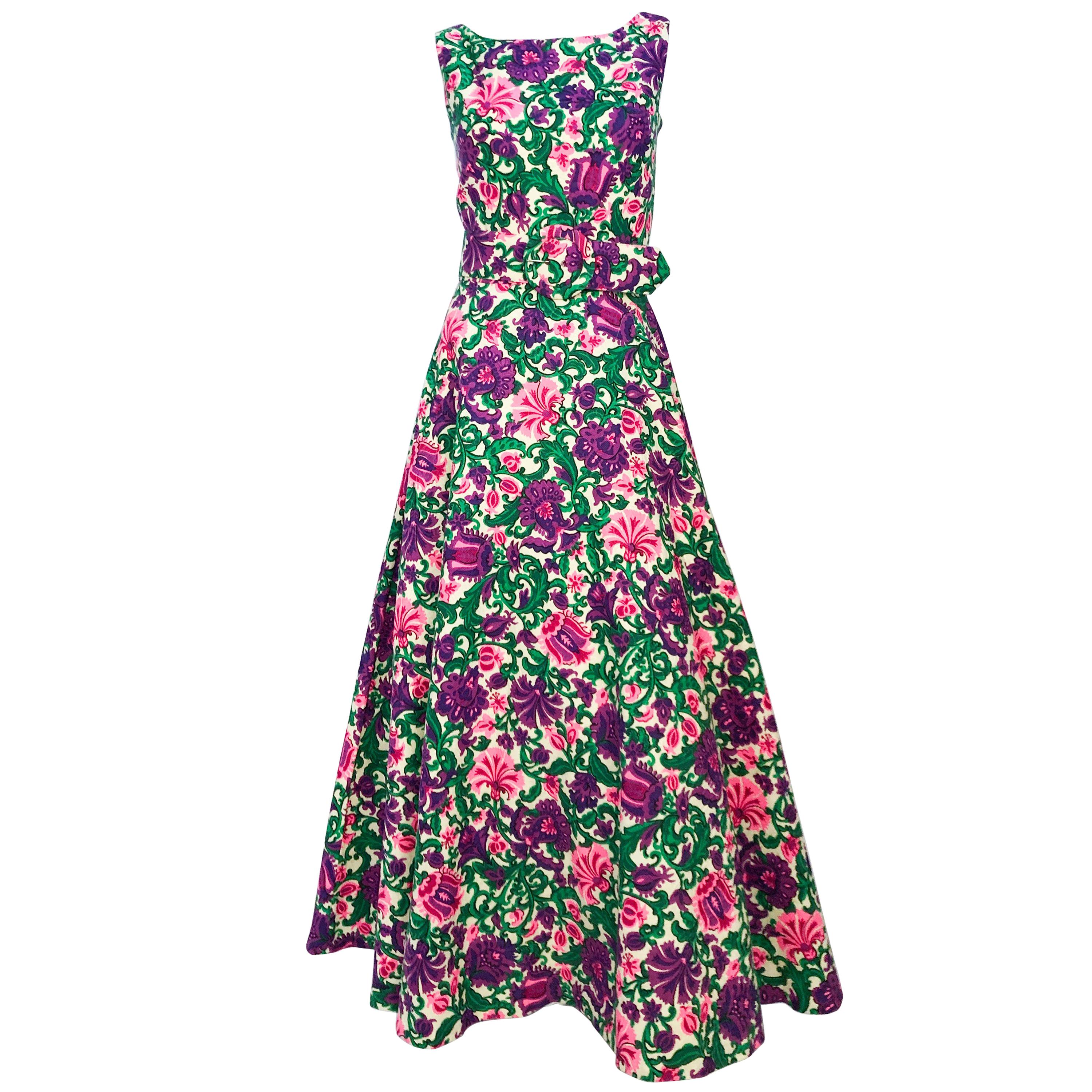 1960s Floral Printed Dress on Jacquard with Matching Belt  For Sale