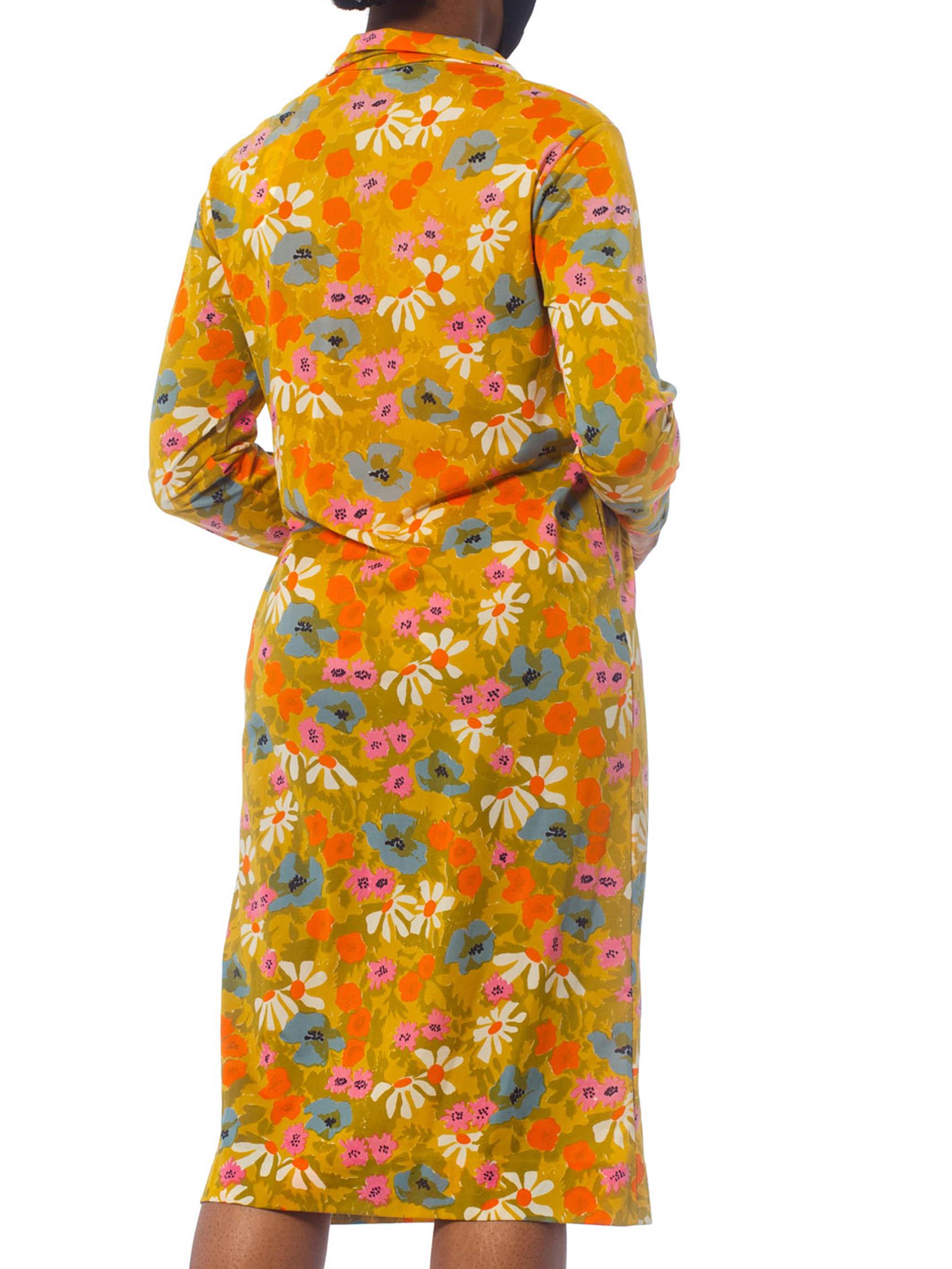 Orange 1960S Floral Printed Nylon Jersey Mod Shift  Dress