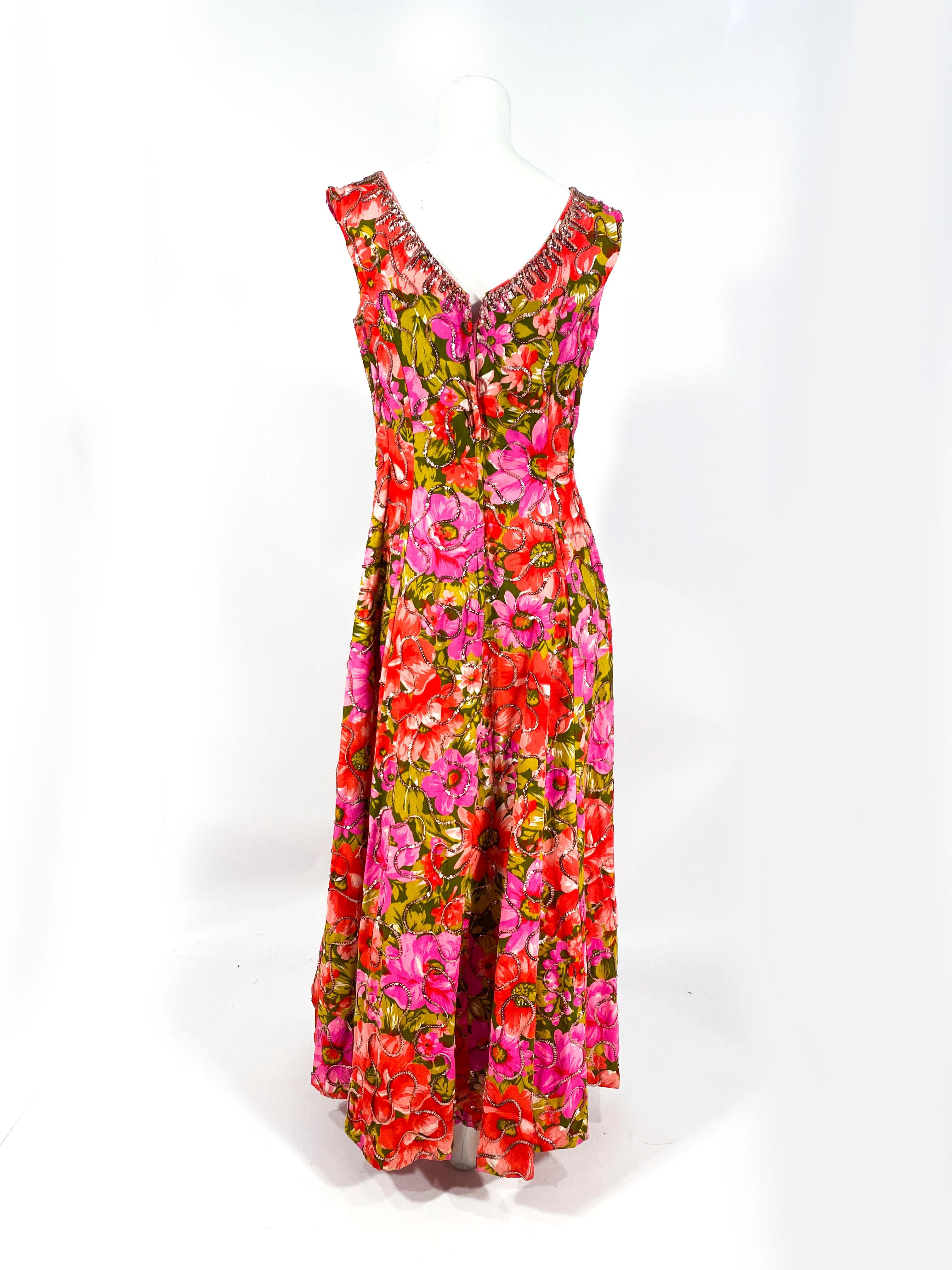 Orange 1960s Floral Printed Summer Evening Gown