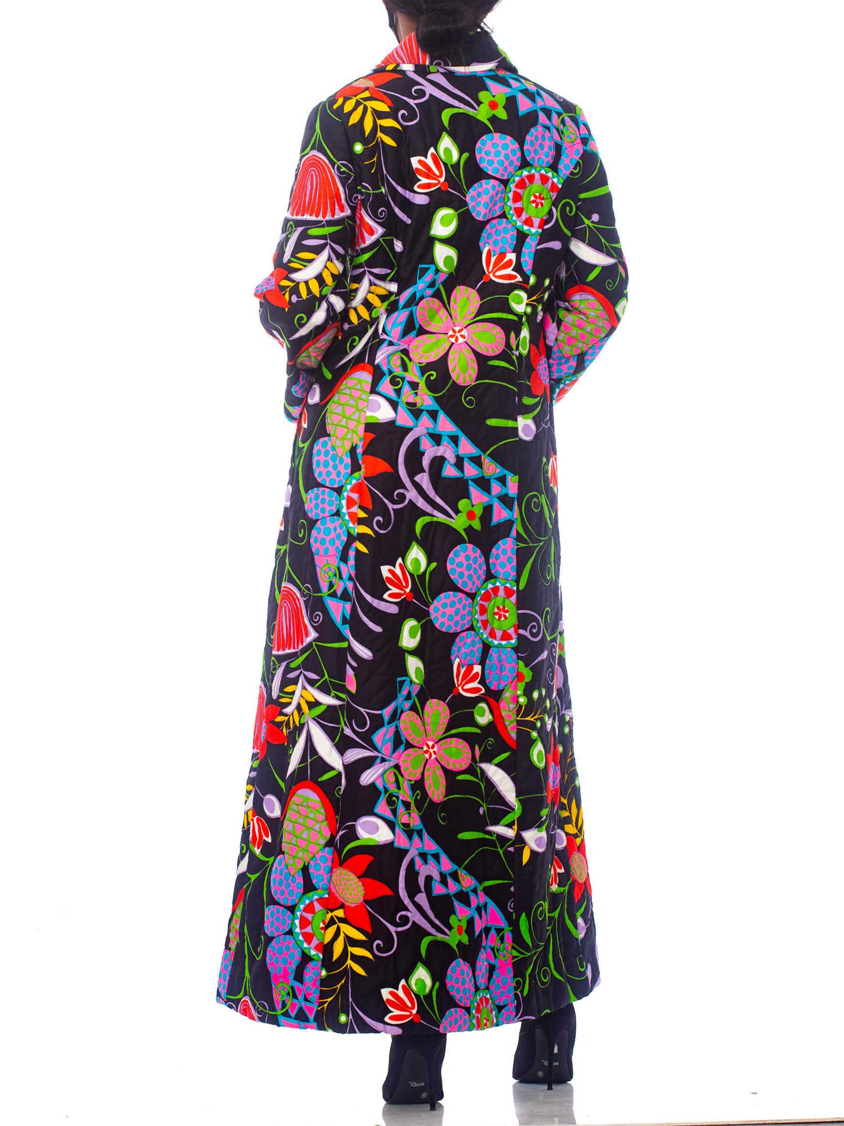 Black 1960S Floral Psychedelic Cotton Sateen Maxi Duster Coat Montclair Style