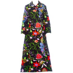 1960S Floral Psychedelic Cotton Sateen Maxi Duster Coat Montclair Style