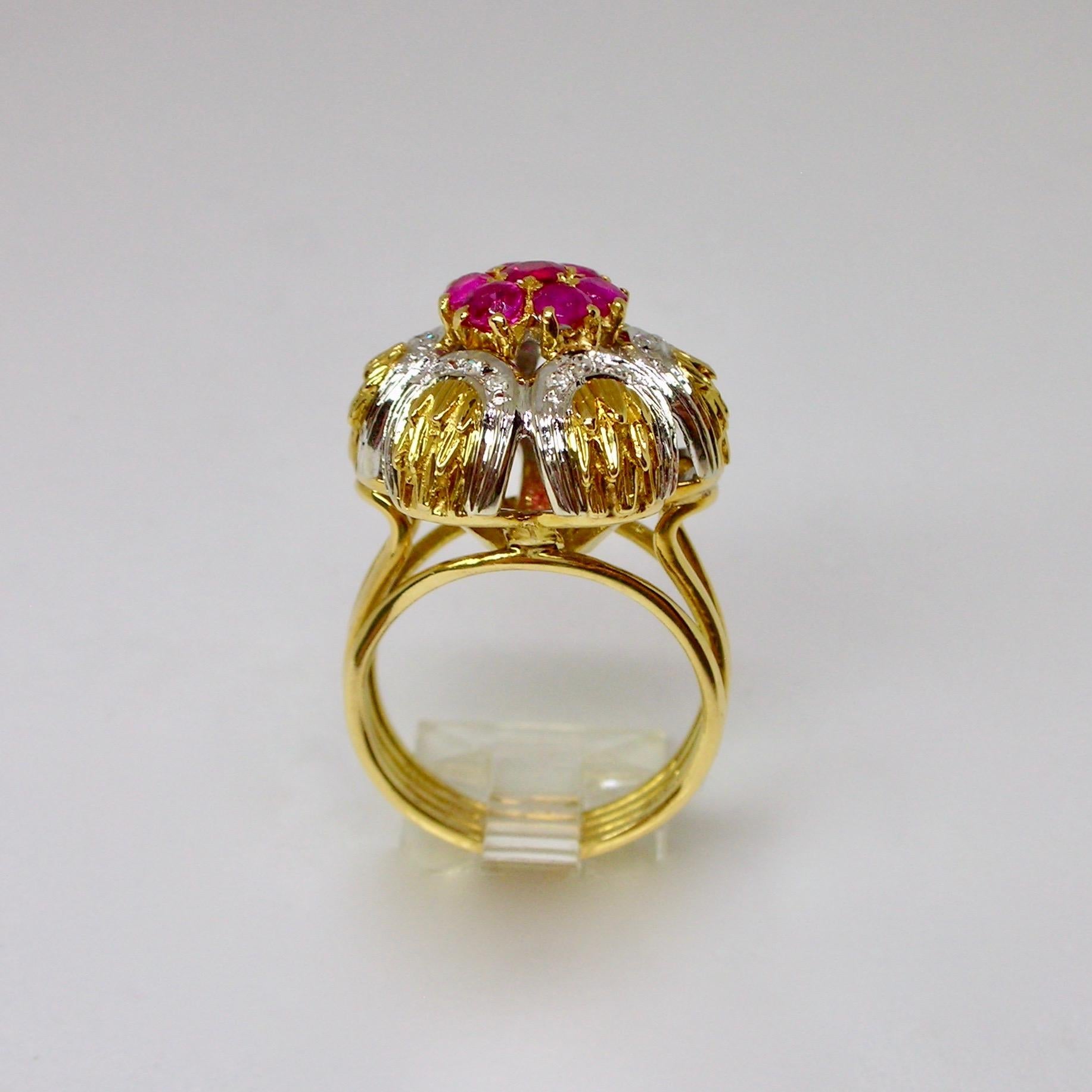 Round Cut 1960s Floral Rubies & Diamonds Cocktail Ring For Sale