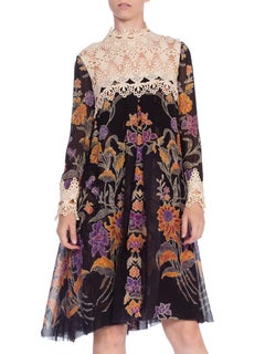 1960's Floral Sheer Chiffon Boho Dress With Lace