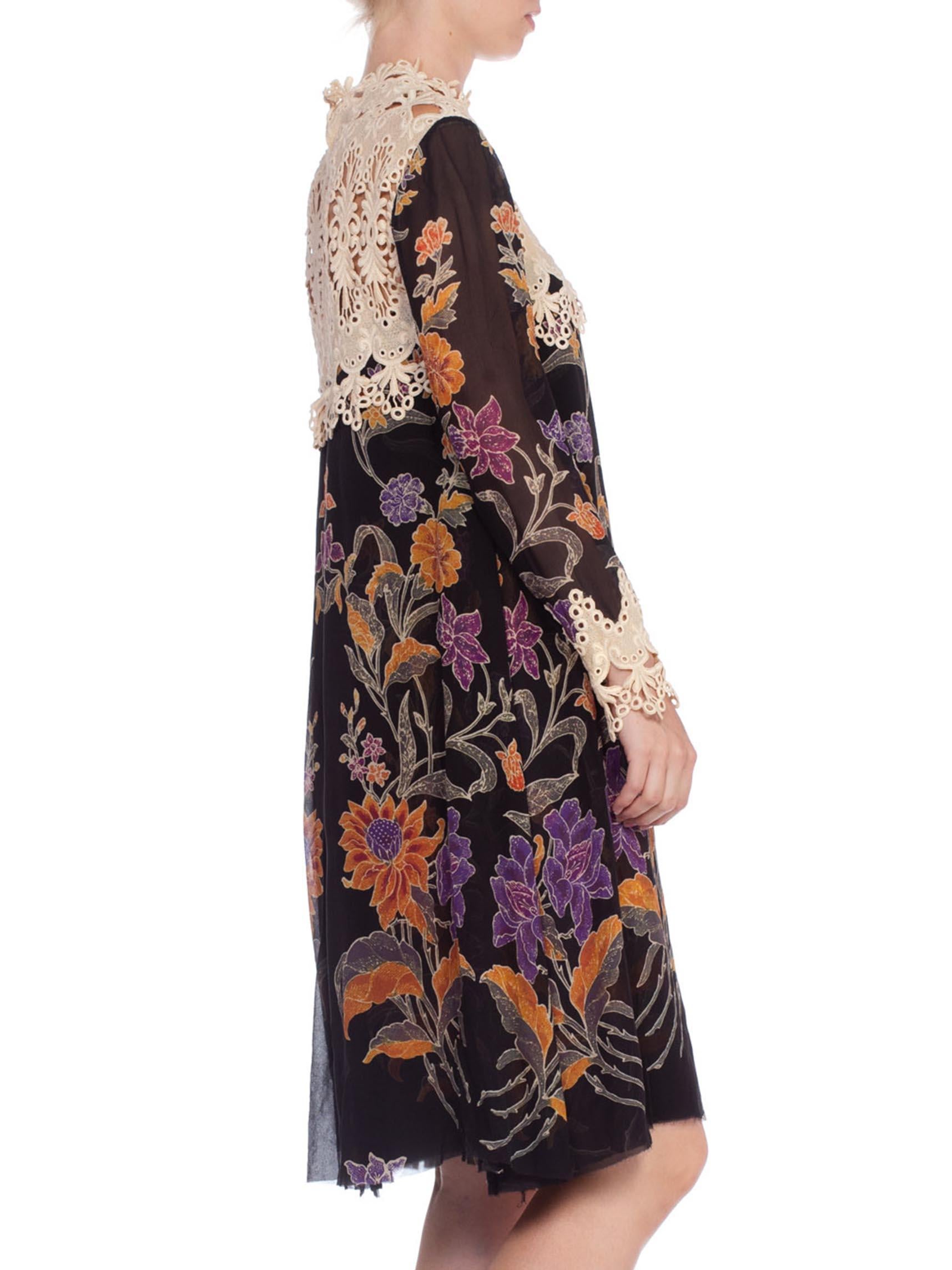 1960's Floral Sheer Chiffon Boho Dress With Lace In Excellent Condition In New York, NY