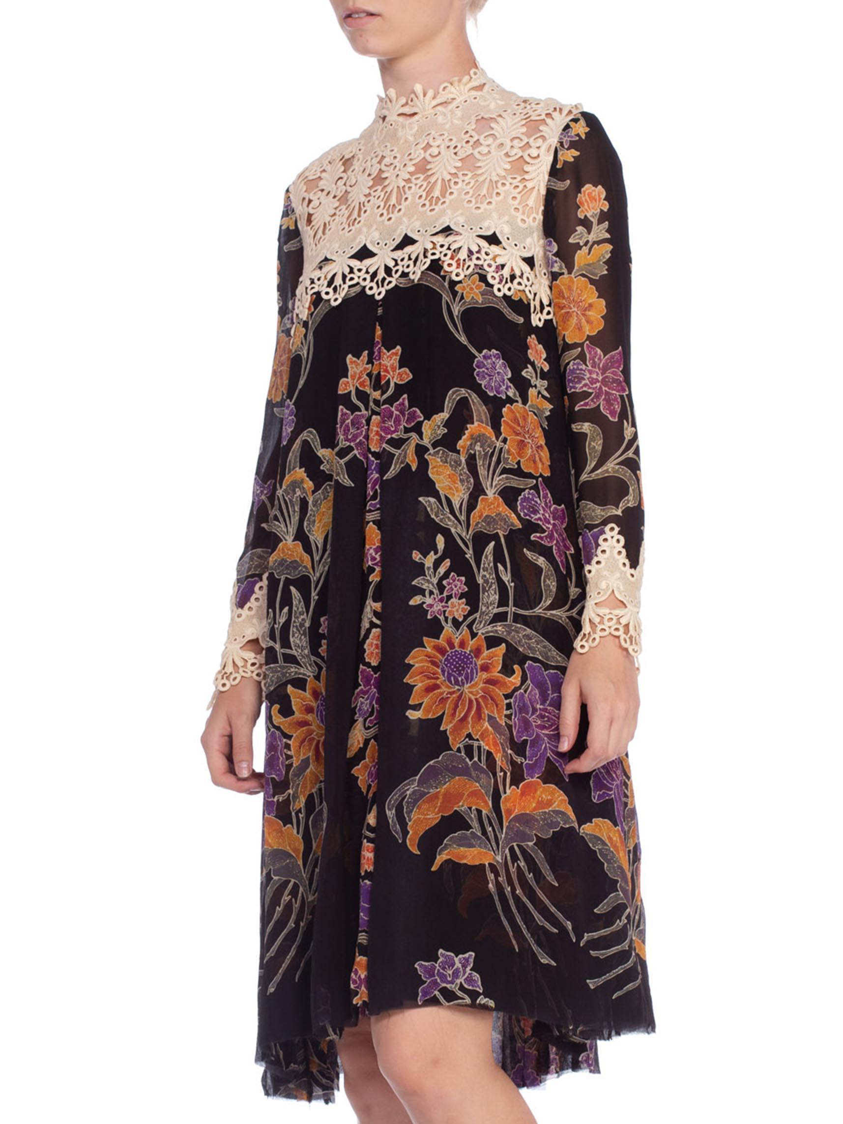 1960's Floral Sheer Chiffon Boho Dress With Lace 1