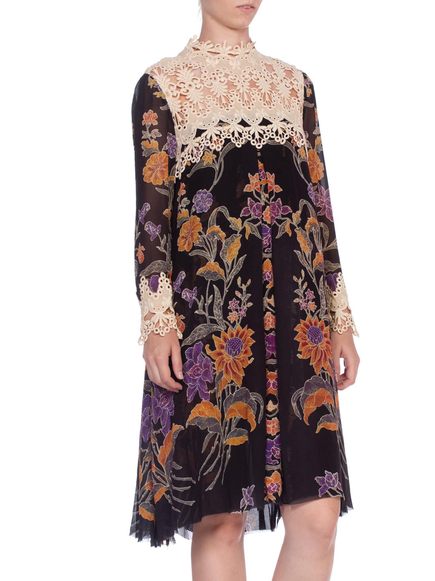 1960's Floral Sheer Chiffon Boho Dress With Lace 2