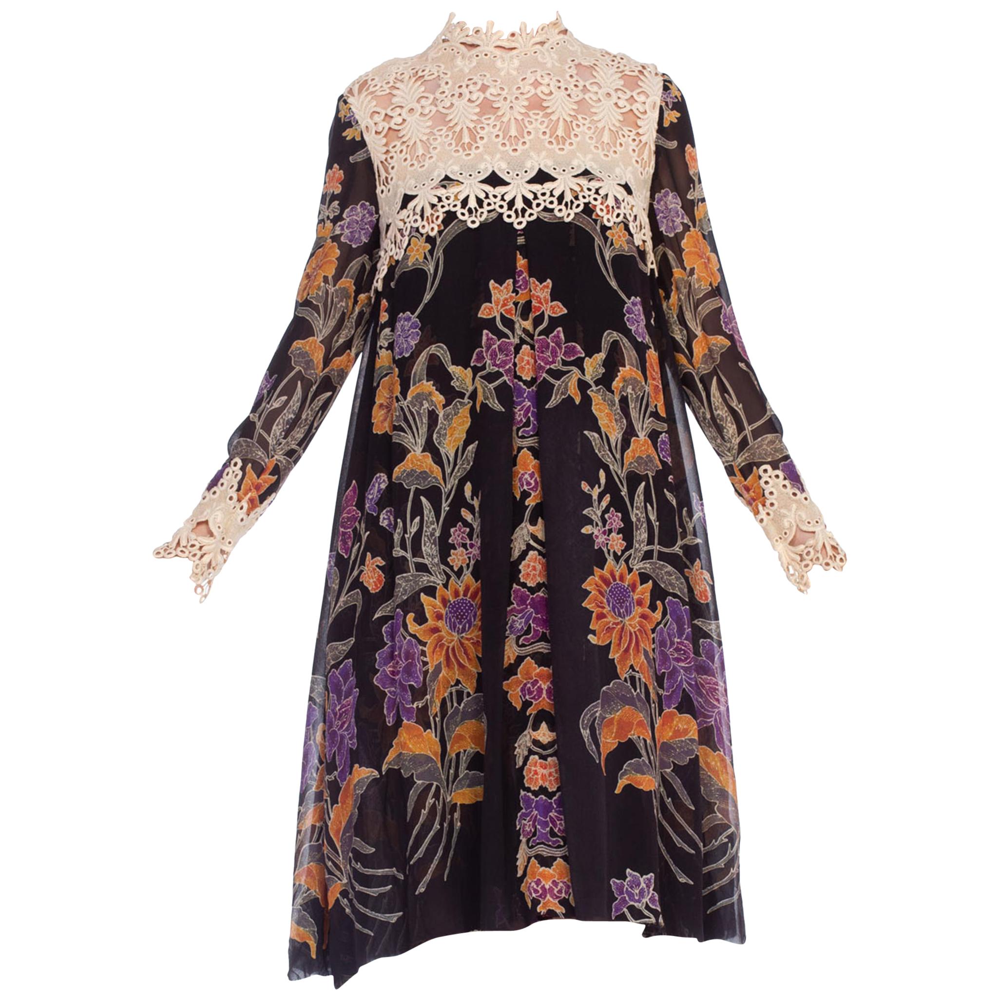 1960's Floral Sheer Chiffon Boho Dress With Lace