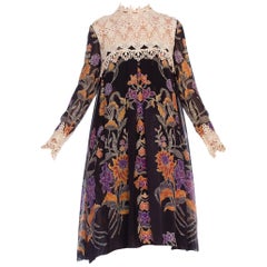 1960's Floral Sheer Chiffon Boho Dress With Lace