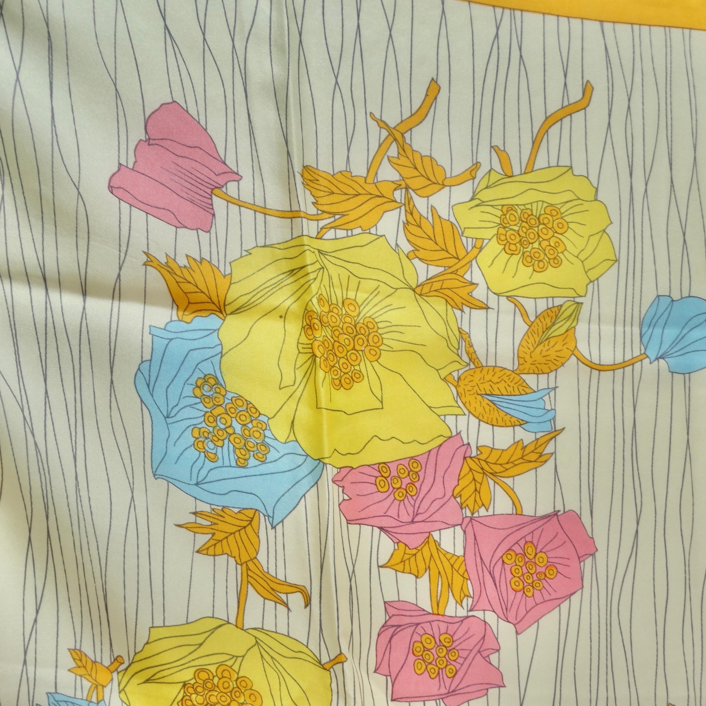Beige 1960s Floral Silk Scarf For Sale