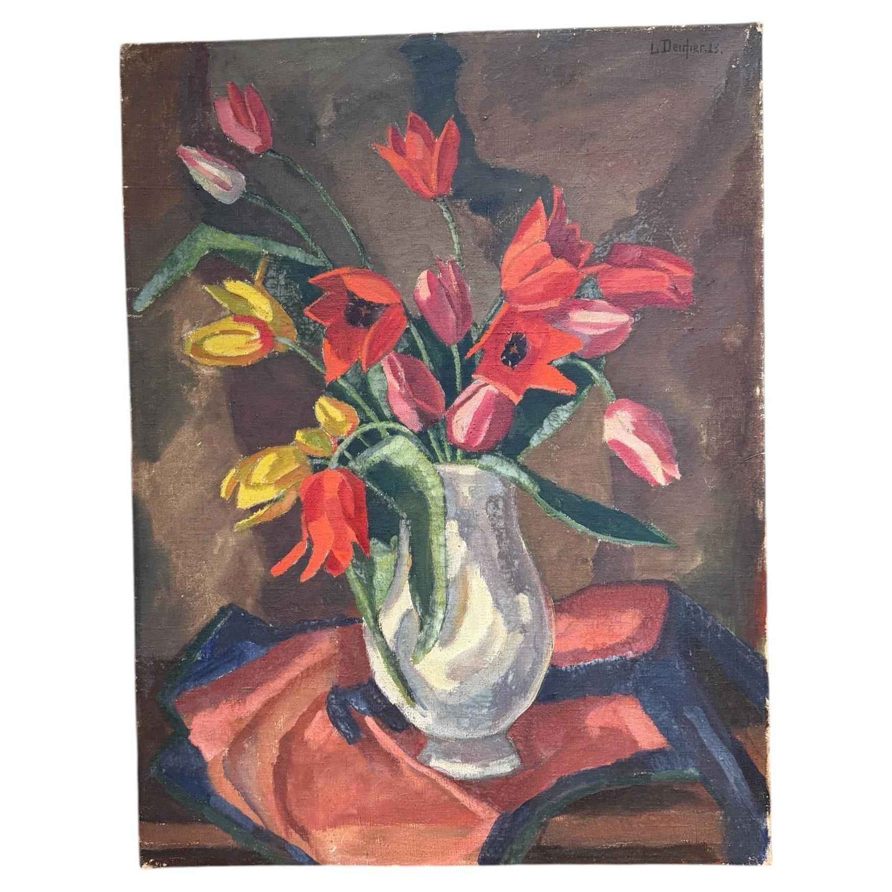 1960s Floral Still Life Oil Painting, Signed & Framed, 35.25x27.25 Mid Century